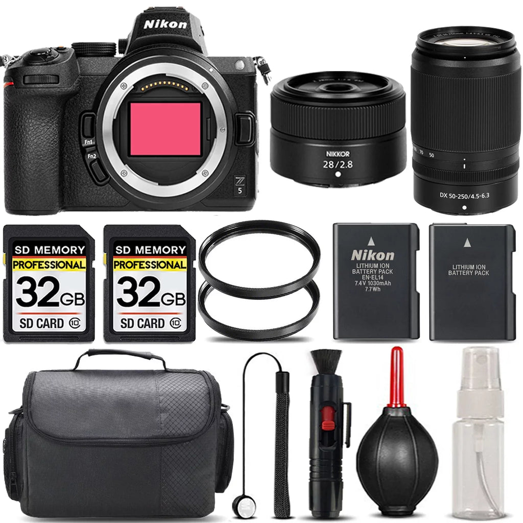 Nikon Z5 Mirrorless with 50-250mm f/4.5-6.3 VR Lens + 28mm f/2.8 Lens + 64GB Storage + UV Filter + Backup Battery + Case + Cleaning Kit - International Version