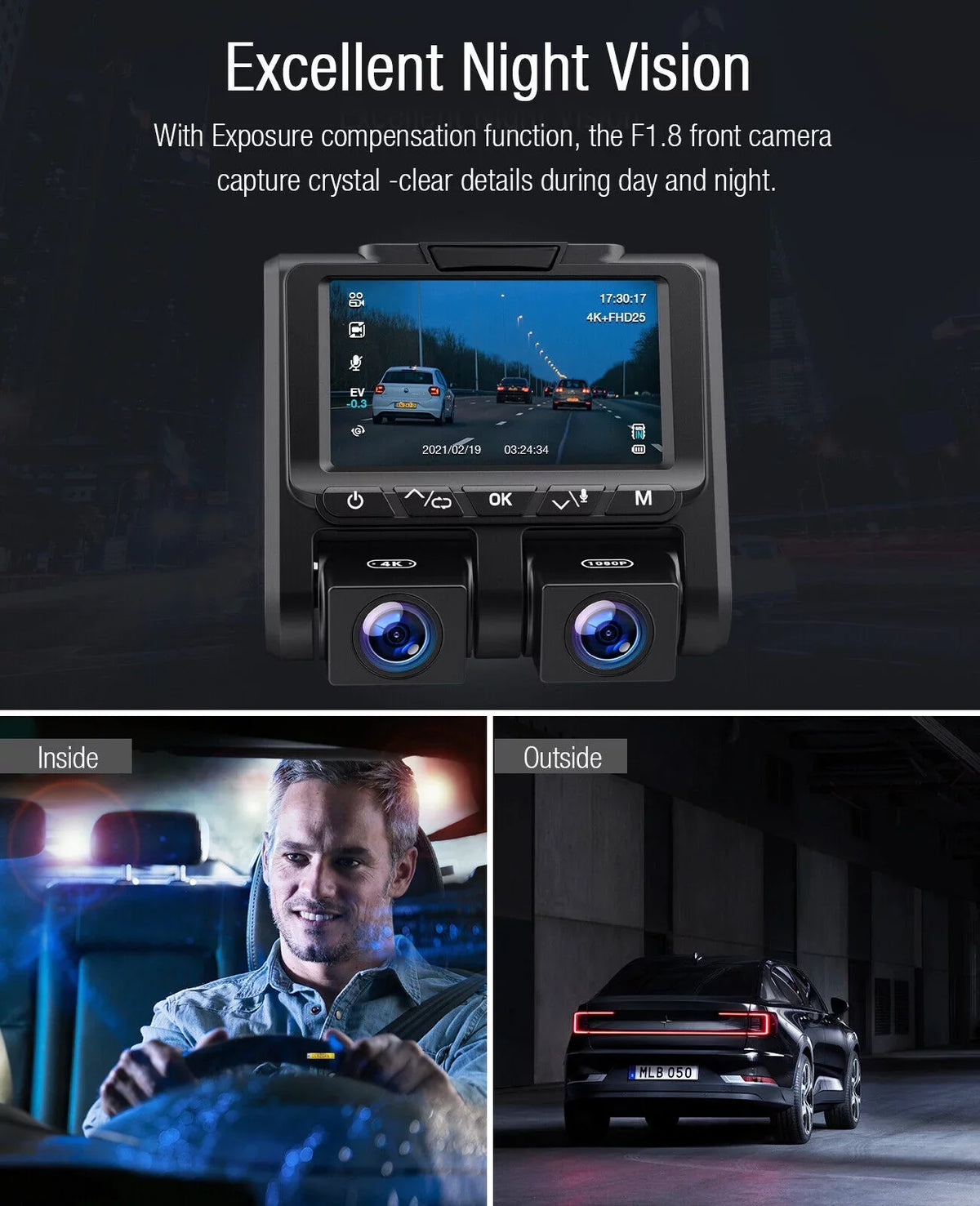 4K Dash Camera TOGUARD 4K+1080P Dash Cam Front and Inside 3" LCD Screen Car Camera Loop Recording Parking Mode G-Sensor