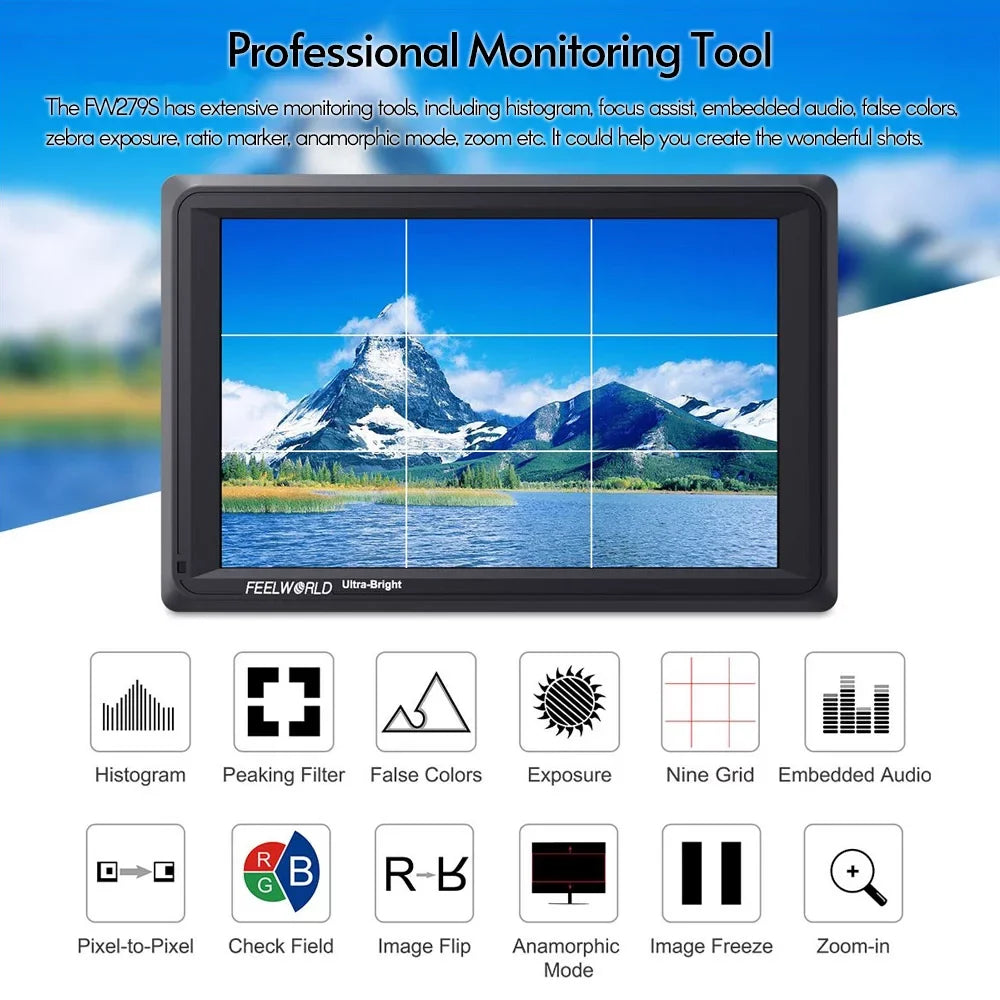 FEELWORLD FW279S 7 Inch 2200nit Ultra Bright Daylight Viewable Field Monitor Thin Style 3G-SDI 4K Input Output 1920*1200 IPS Panel for Outside / Viewable Even in Direct Sunlight