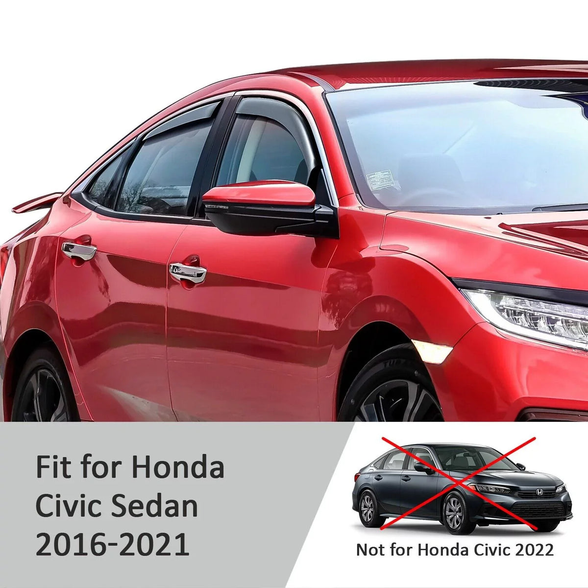 Voron Glass in-Channel Extra Resilient Rain Guards for Honda Civic 2016-2021 Sedan, Window Deflectors, Vent Window Visors, 4 Pieces - 200508