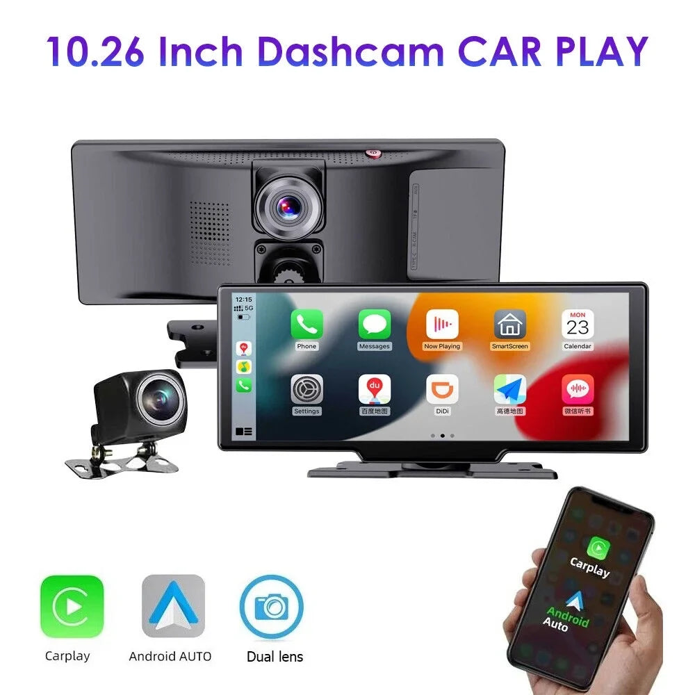 KingFurt T91 Touch Screen Wireless Dash Cam - Dual Lens, Bluetooth Connected, 2K Resolution, 10.26'' IPS Screen, WiFi Enabled