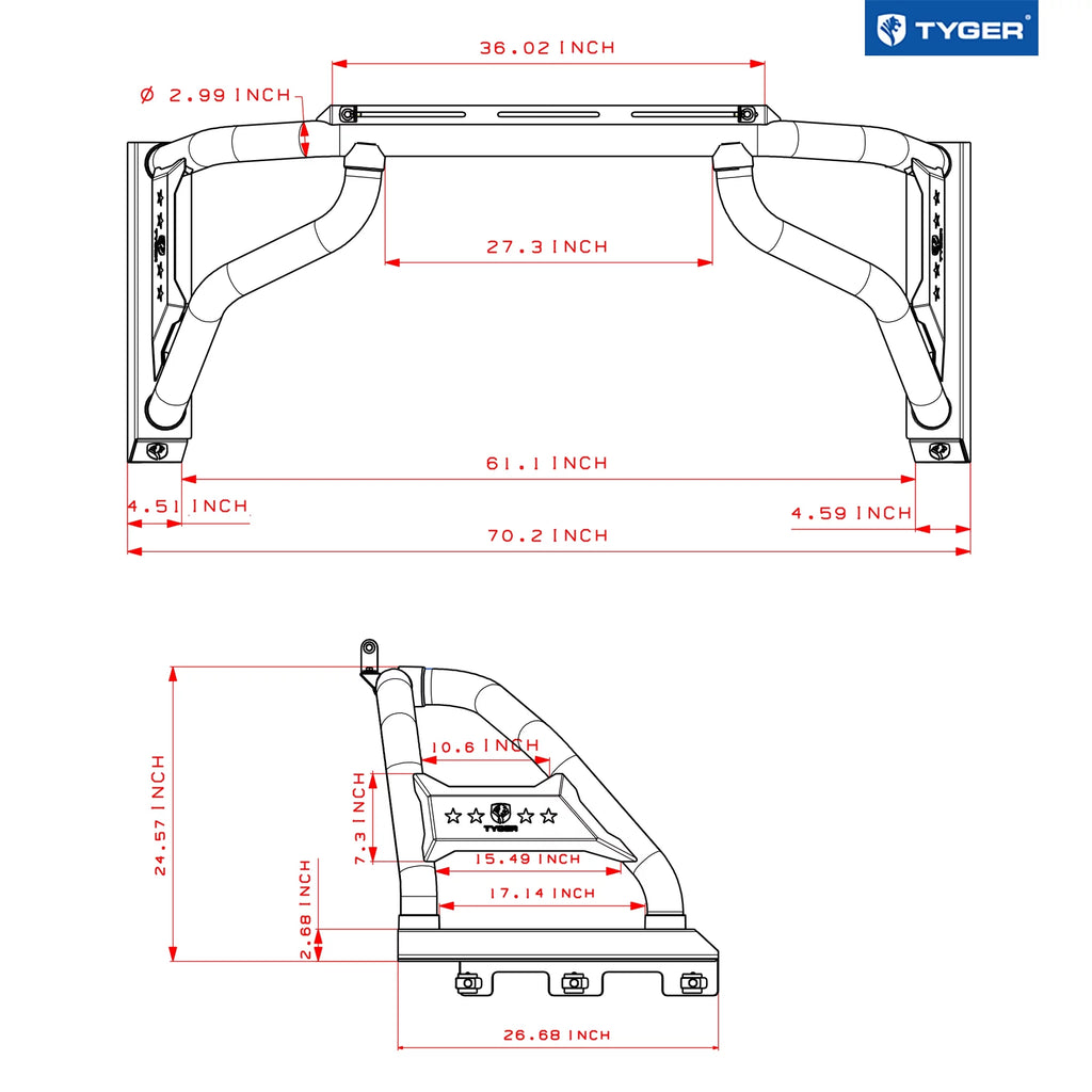 Tyger Auto Sport Bar Compatible with 2022-2024 Toyota Tundra (Exclude SR) | 5.5/6.5' Bed | TG-SB7T88728 | Textured Black | Light Mount | Roll Bar