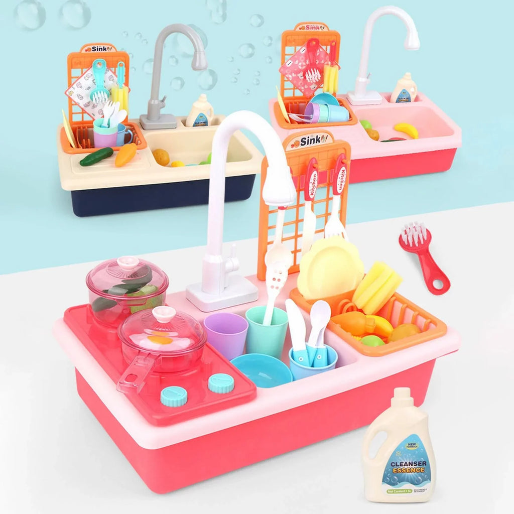 Kitchen Sink Toys Children Electric Dishwasher Playing Toy With Running Water Automatic Water Cycle System Play House Pretend Role Play Toys for Boys Girls Alphabet Board Game Board for Toddlers