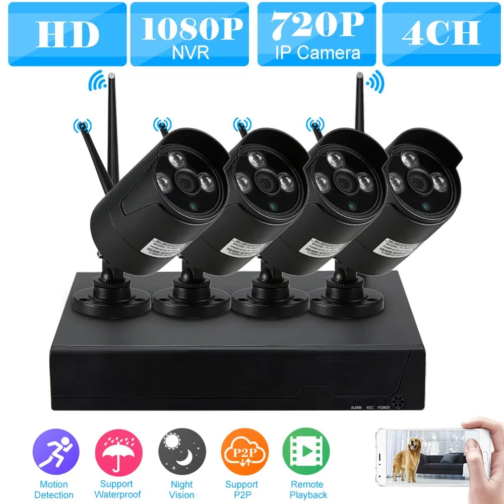 Andoer 4CH 1080P HD WiFi NVR Kit with 4pcs 1.0MP Wireless WiFi Waterproof Outdoor IP Support P2P IR-CUT Phone Control Motion Detection for CCTV System