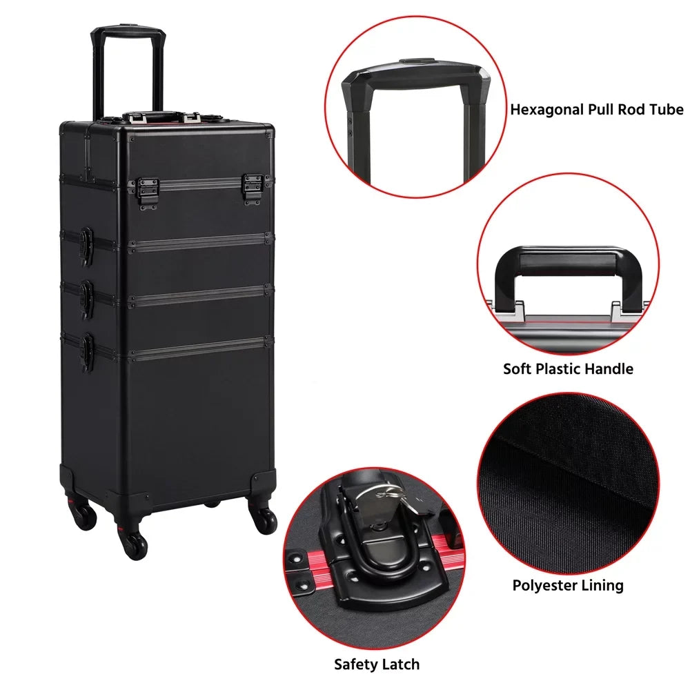 Alden Arrangement Professional 4-in-1 Aluminum Travel Cosmetic Makeup Case, Black