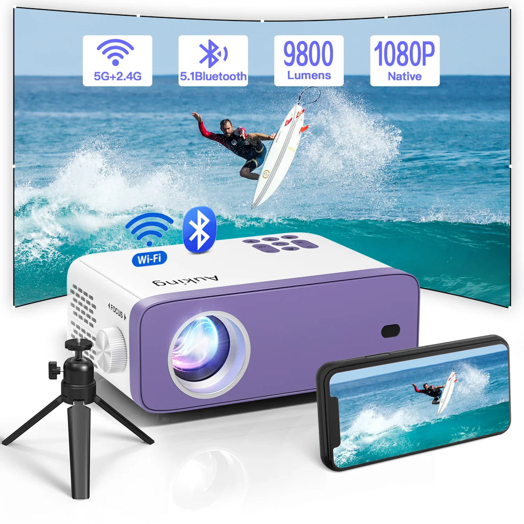 Auking 5G WIFI Bluetooth Mini Projector, 9800Lumens 1080P Full HD and 220" Display Supported movie Projector, Home Theater Projector Compatible with iOS/Android, (Tripod Included)