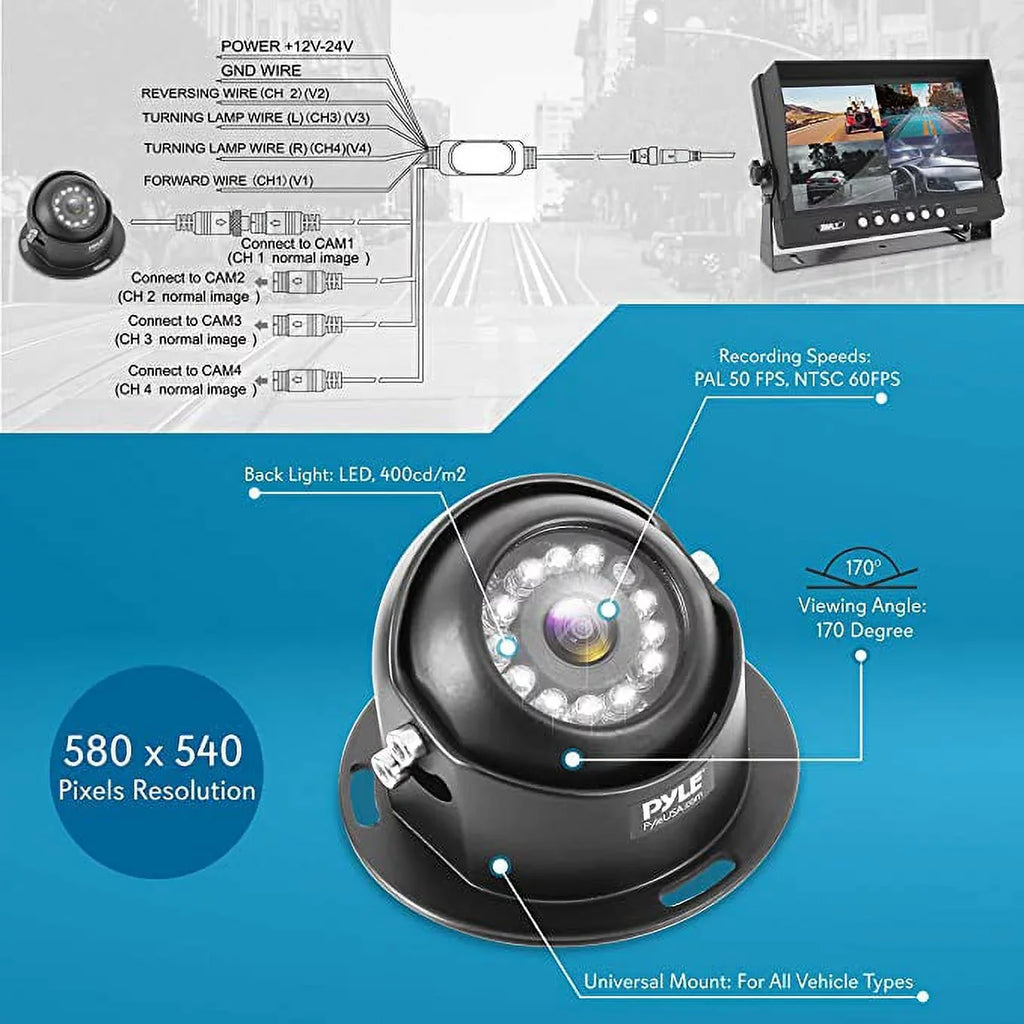 Pyle Rear View Backup Camera System DVR Parking Reverse Car Truck Vehicle Dual Rearview Back Up Kit