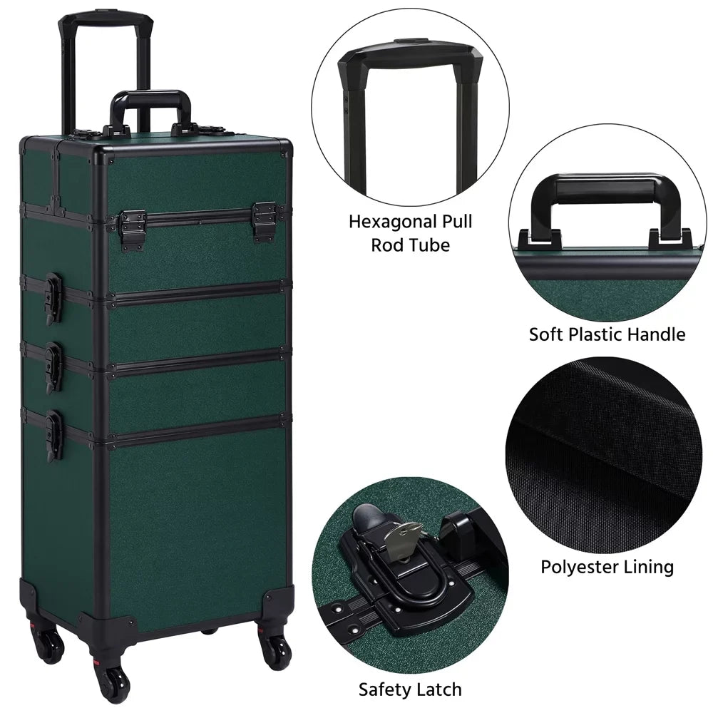 Alden Arrangement Professional 4-in-1 Aluminum Travel Cosmetic Makeup Case, Dark Green