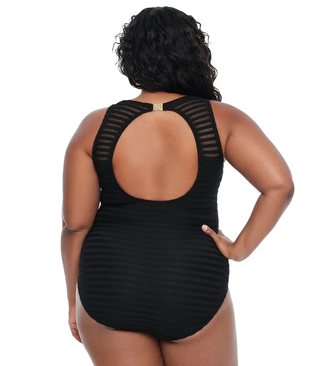 Ralph Lauren BLACK Plus Size Ottoman Boatneck One Piece Swimsuit, US 20W