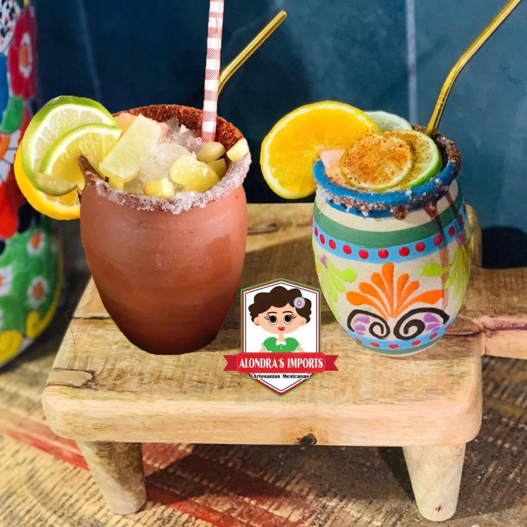 Alondra's Imports Handcrafted, Natural Clay Cups From Mexico (Cantaritos Mexicanos, Fiesta Mexicana) for Hot & Cold Beverages (Cocktail Glasses for Tequila, Margaritas, Mojitos & More), Set of 8