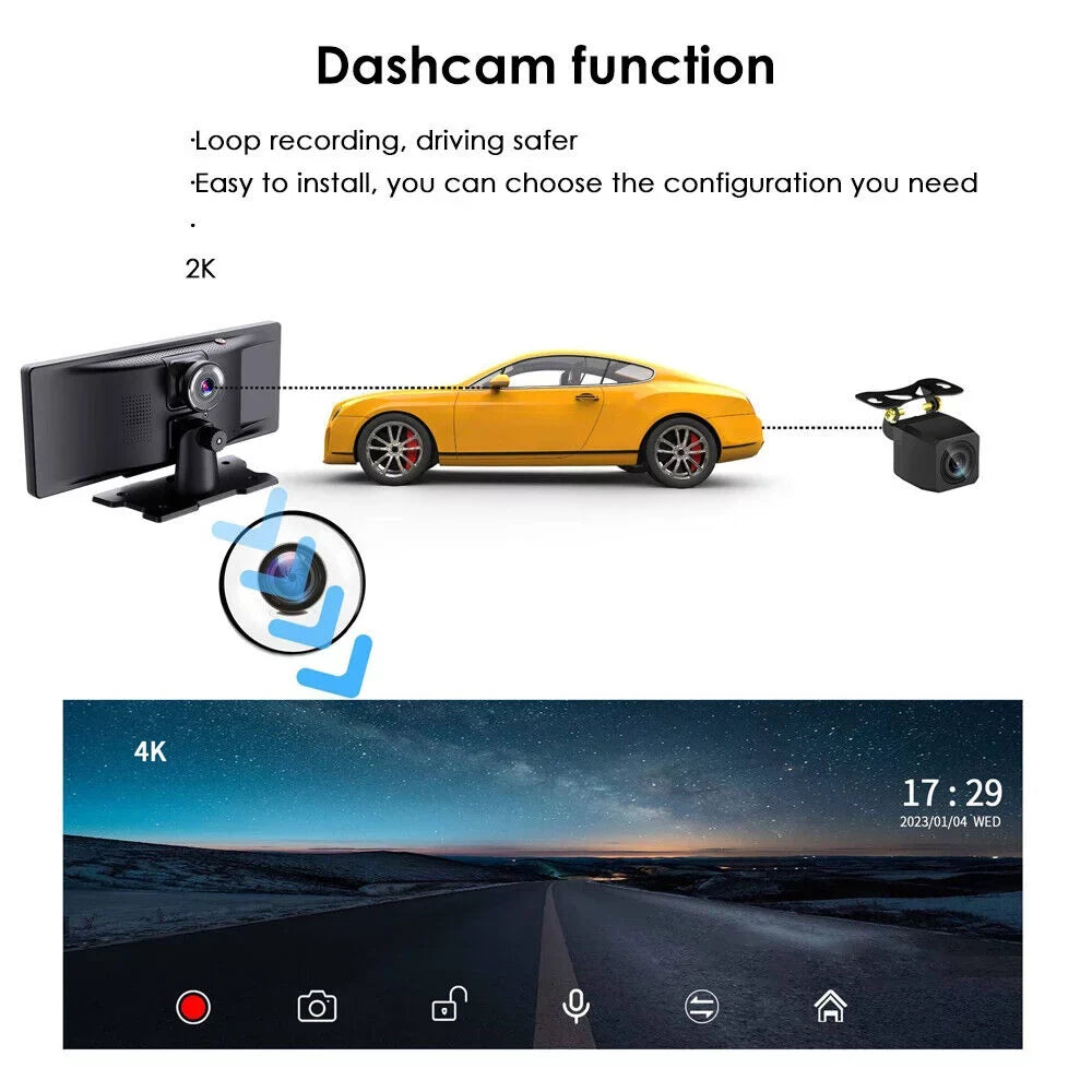 KingFurt T91 Touch Screen Wireless Dash Cam - Dual Lens, Bluetooth Connected, 2K Resolution, 10.26'' IPS Screen, WiFi Enabled
