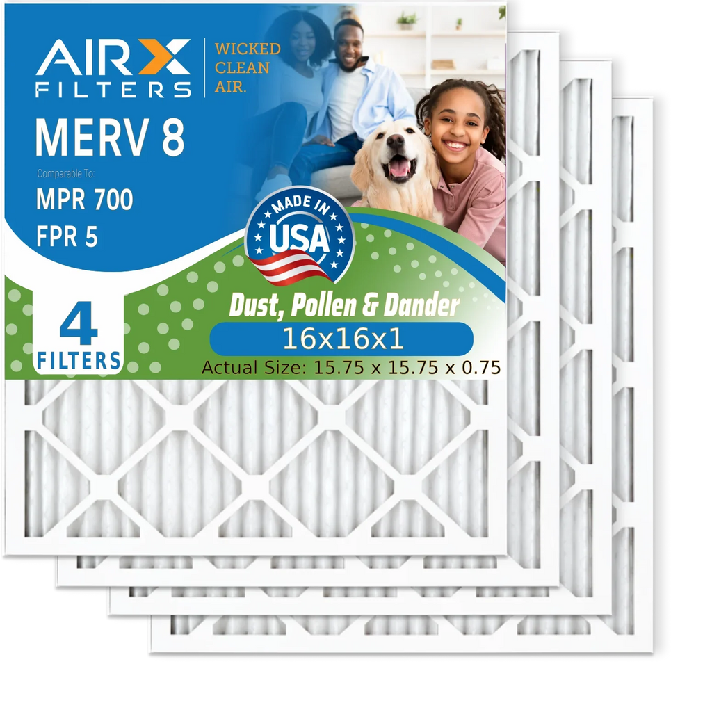 16x16x1 Air Filter MERV 8 Comparable to MPR 700 & FPR 5 Electrostatic Pleated Air Conditioner Filter 4 Pack HVAC AC Premium USA Made 16x16x1 Furnace Filters by AIRX FILTERS WICKED CLEAN AIR.