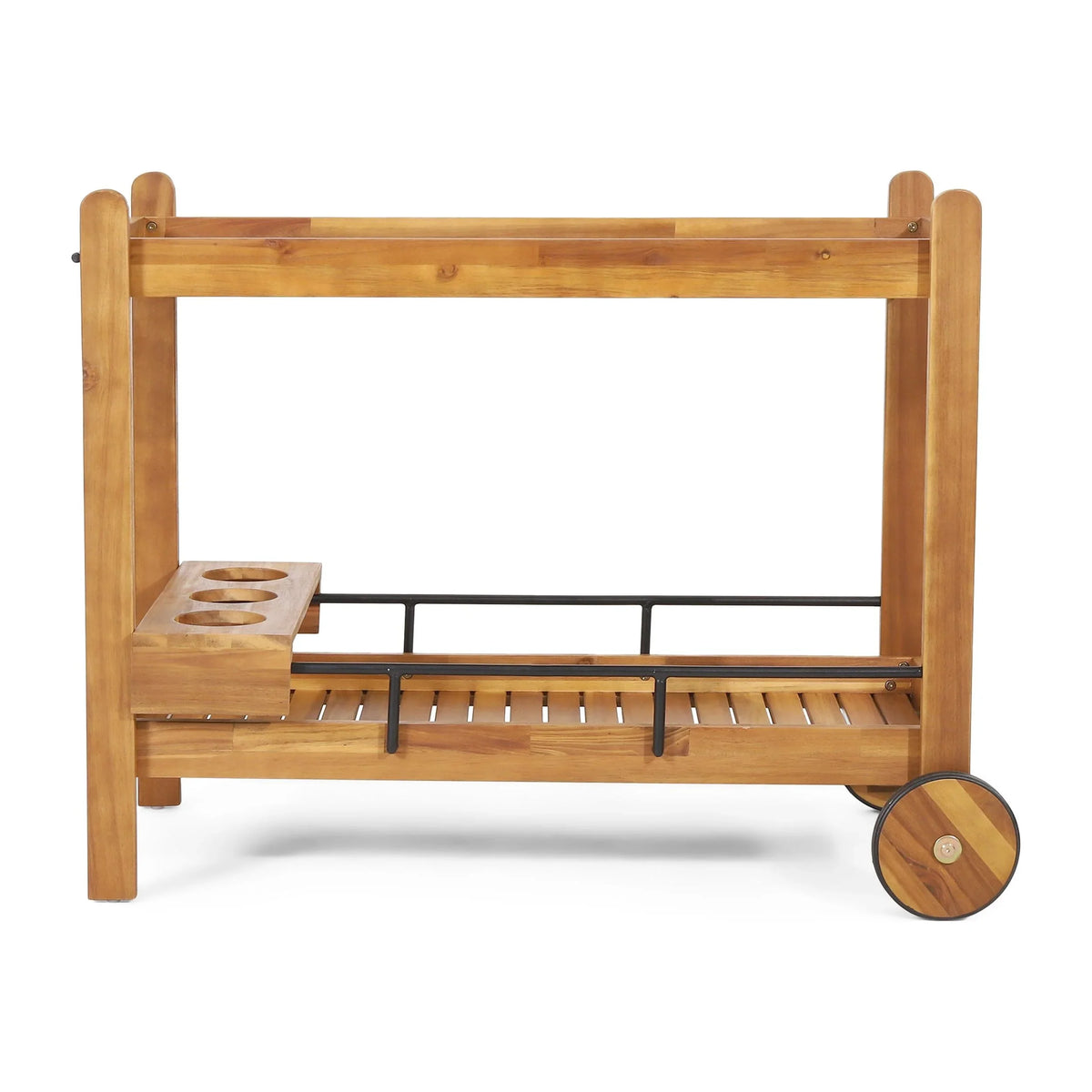 GDF Studio Bonneau Outdoor Acacia Plank 2 Tiered Bar Cart with Bottle Holders, Teak and Black