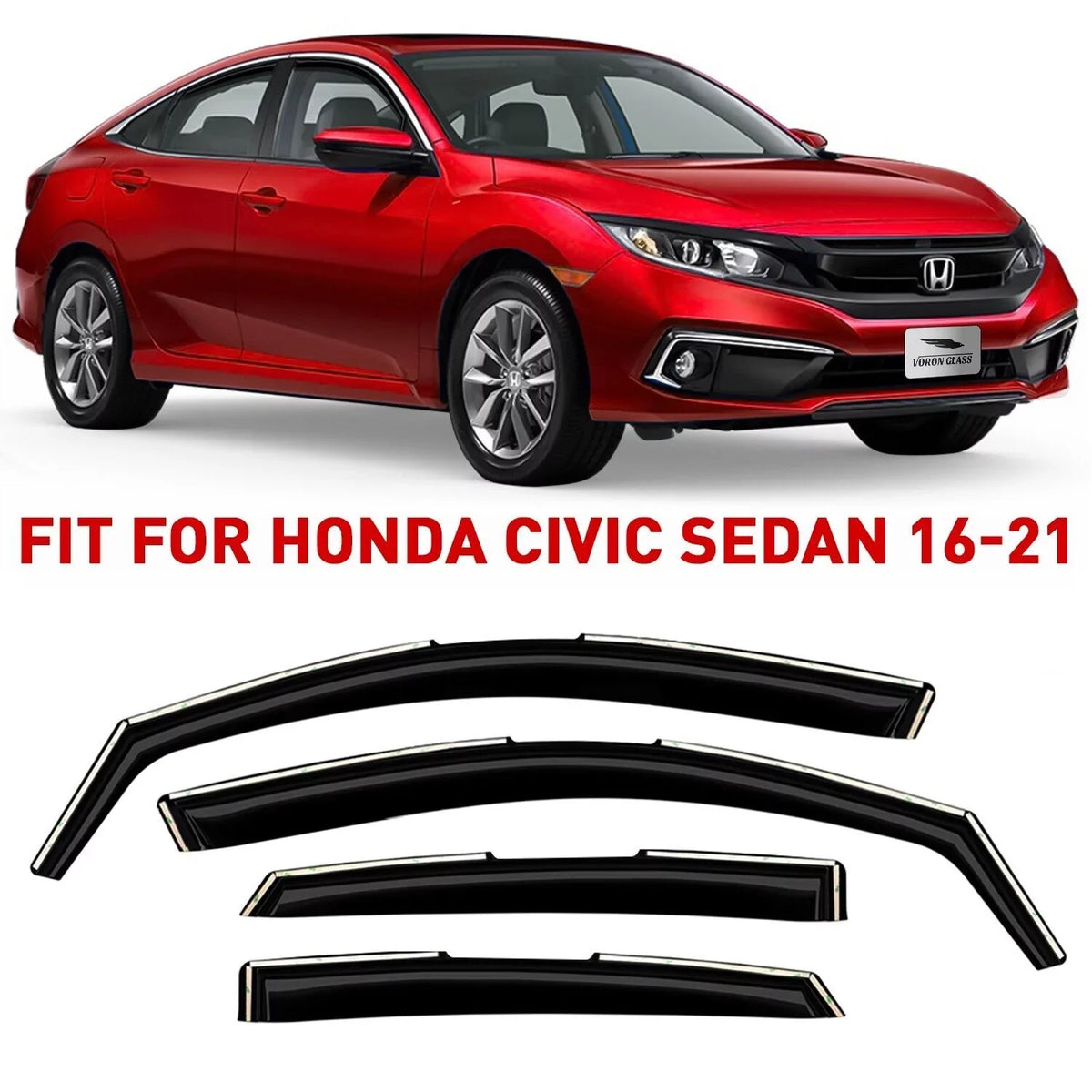 Voron Glass in-Channel Extra Resilient Rain Guards for Honda Civic 2016-2021 Sedan, Window Deflectors, Vent Window Visors, 4 Pieces - 200508
