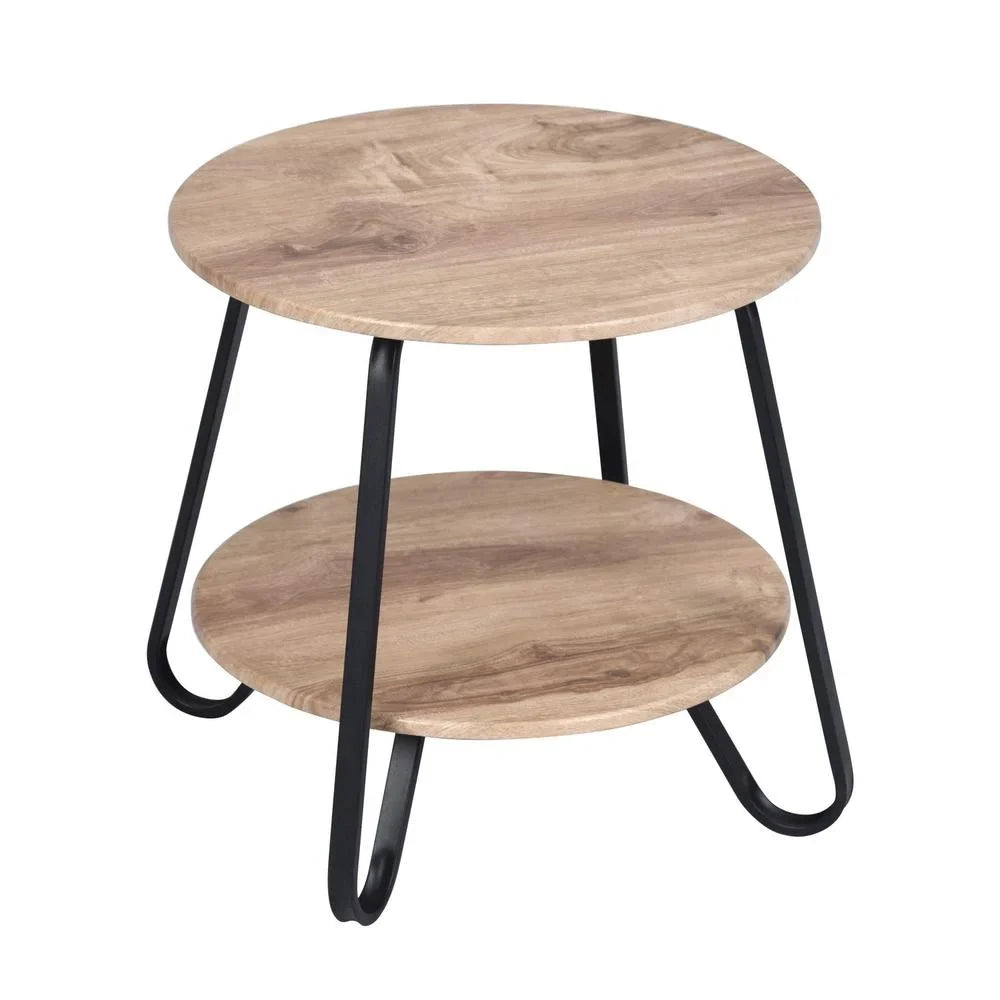 HomeRoots 483708 18 in. Manufactured Plank & Steel Round End Table, Black & Oak