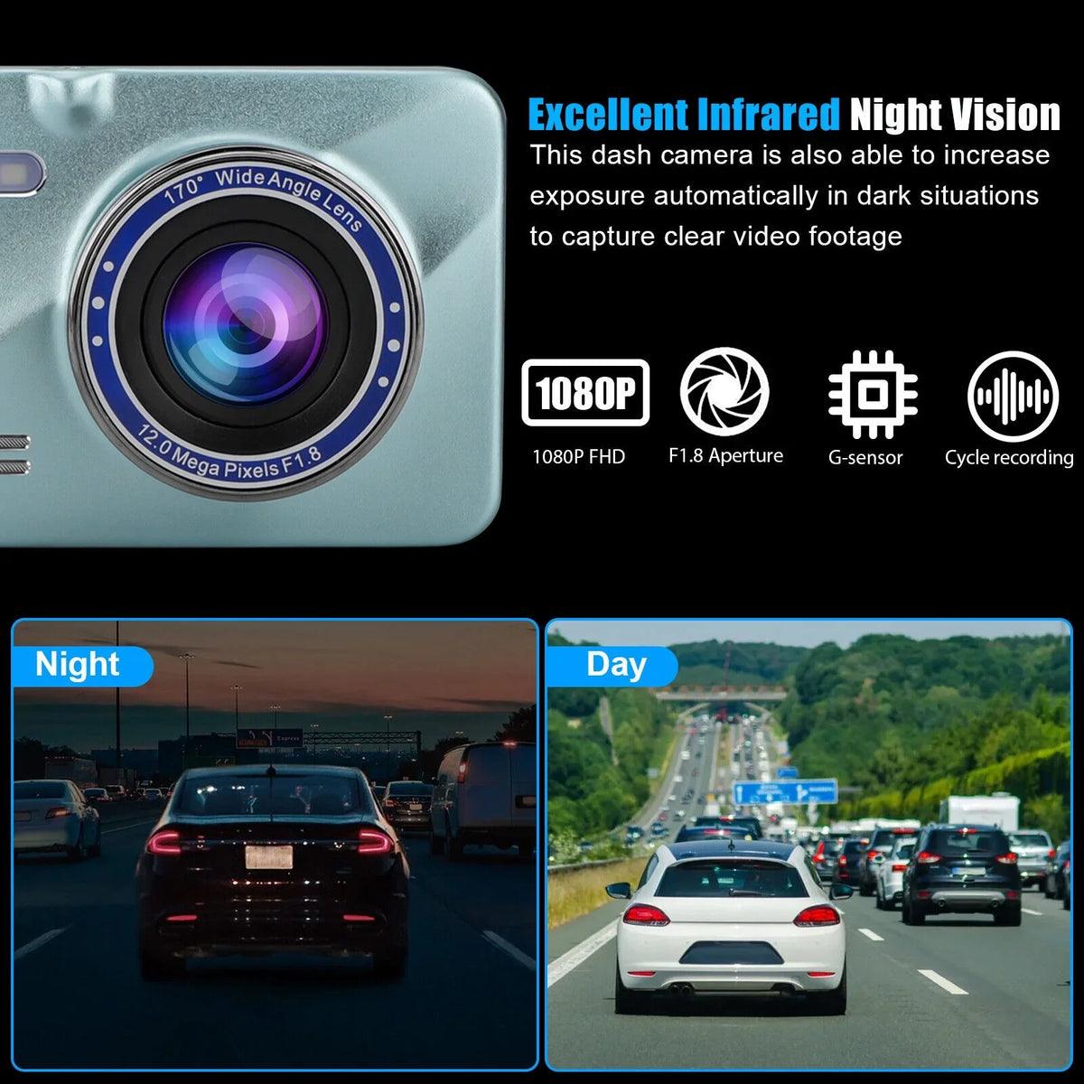 HD 1080P 2 Lens Car DVR Dash Cam Front Rear View Camera Video Recorder G-Sensor