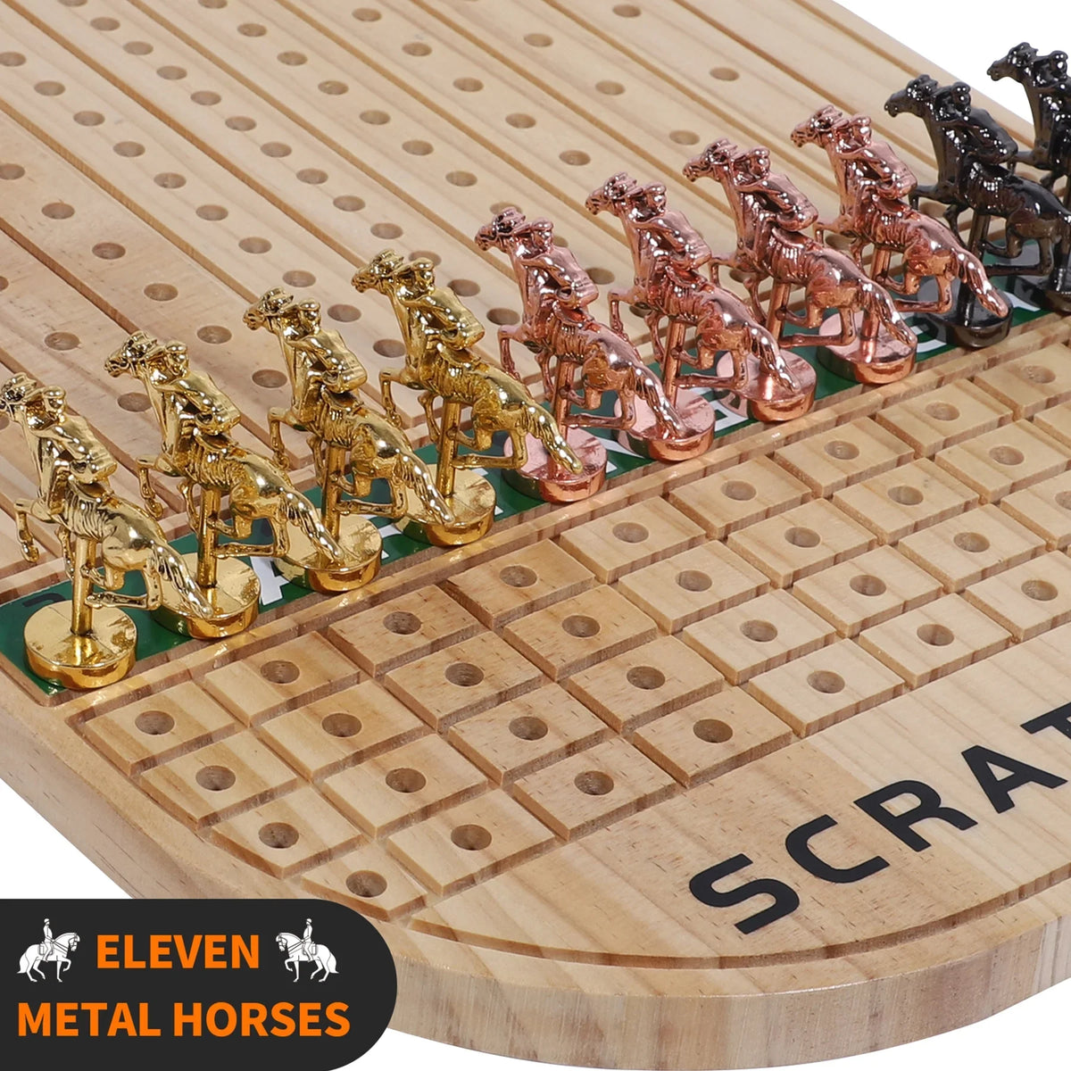 Horse Race Board Game Racing Game Thickened Pine with 11 Luxurious Sturdy Classic Metal Horses with 4 dice and 2 Boxes of Cards Across Finish Line Horse Racing Game