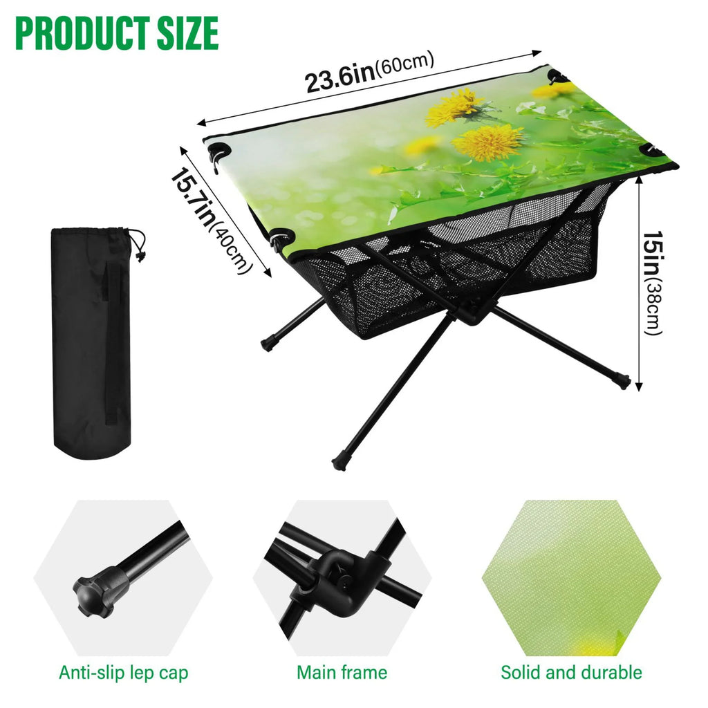 Spring Green Flowers Camping Folding Table Portable Beach Table with Storage Bag Compact Picnic Table for Outdoor Travel Fishing BBQ