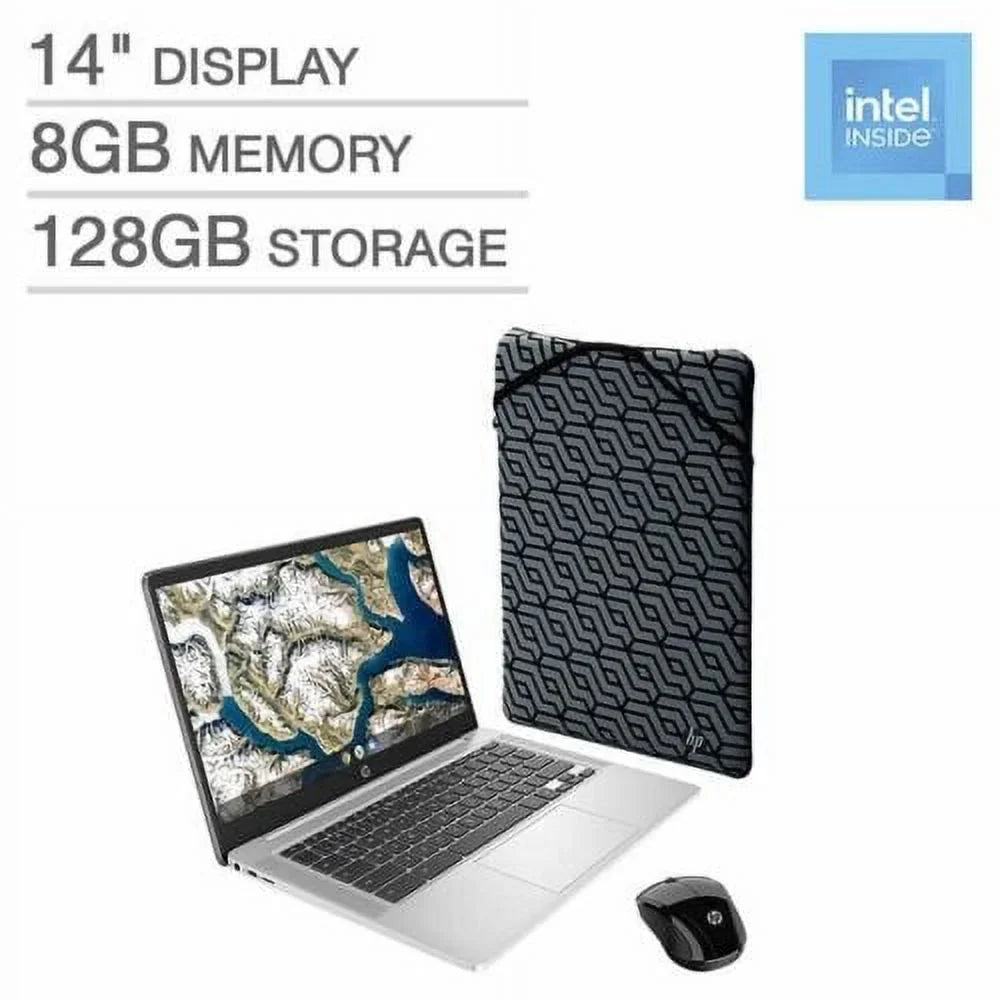 HP 14" Chromebook Laptop Bundle - Intel Celeron - 1080p - Bonus Sleeve & Wireless Mouse Notebook PC