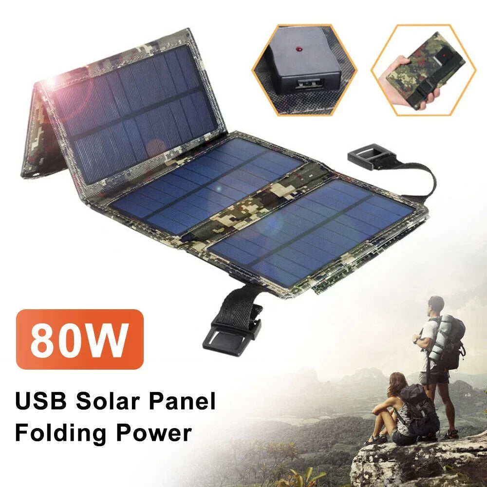 JahyElec New 80W USB Solar Panel Folding Power Bank Outdoor Camping Hiking Phone Charger