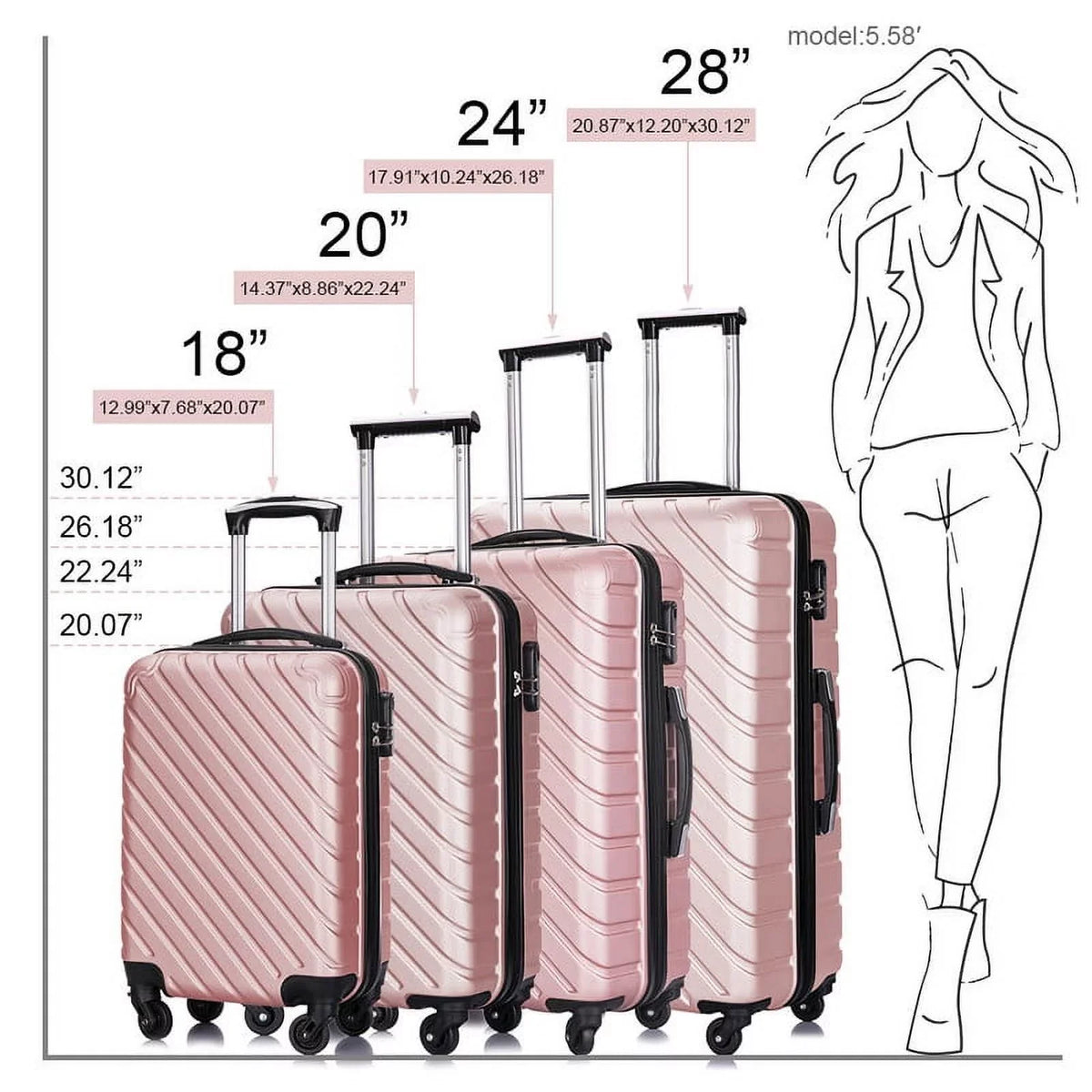 4 Piece Hardshell Luggage Sets,Travel Suitcase,Carry On Luggage with Spinner Wheels Free Enclosure Inside rose gold