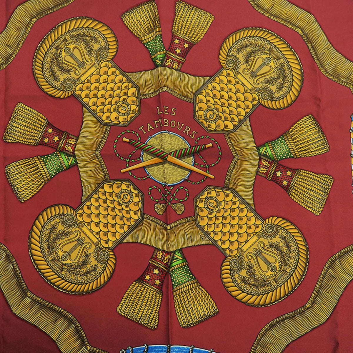Pre-Owned HERMES Hermes Carre 90 LES TAMBOURS Tambour Taiko Blue x Red Scarf Muffler (Good)