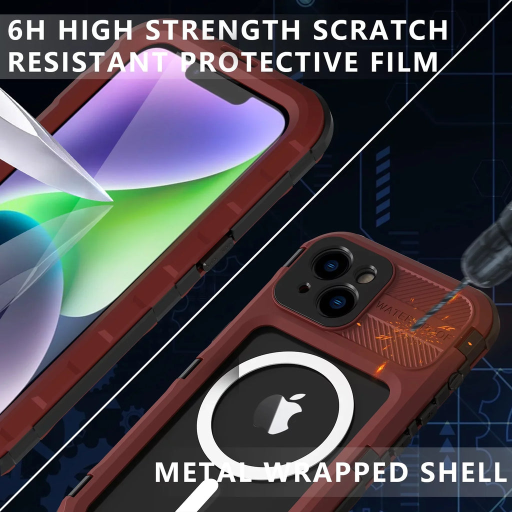 for iPhone 14 Plus Case Waterproof Shockproof Dustproof Full-Body Sturdy with Camera Lens Protection and Built-in Screen Protector,Underwater Full Sealed Enclosure for iPhone 14 Plus, Red