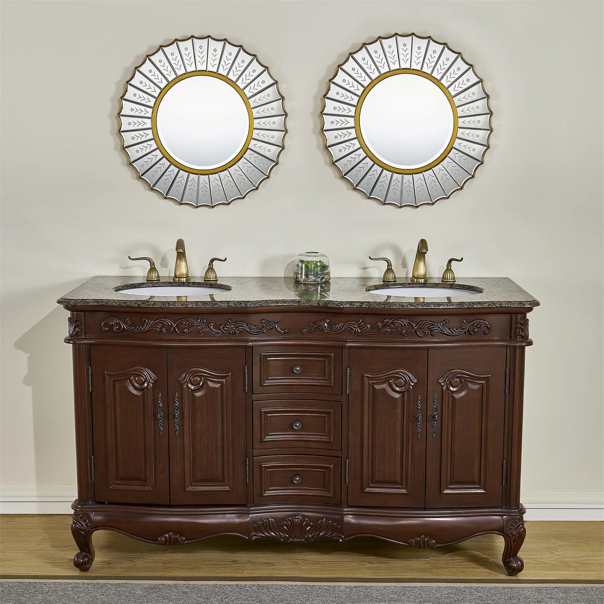 Stufurhome 60 inch Saturn Double Sink Vanity with Baltic Brown Granite Top