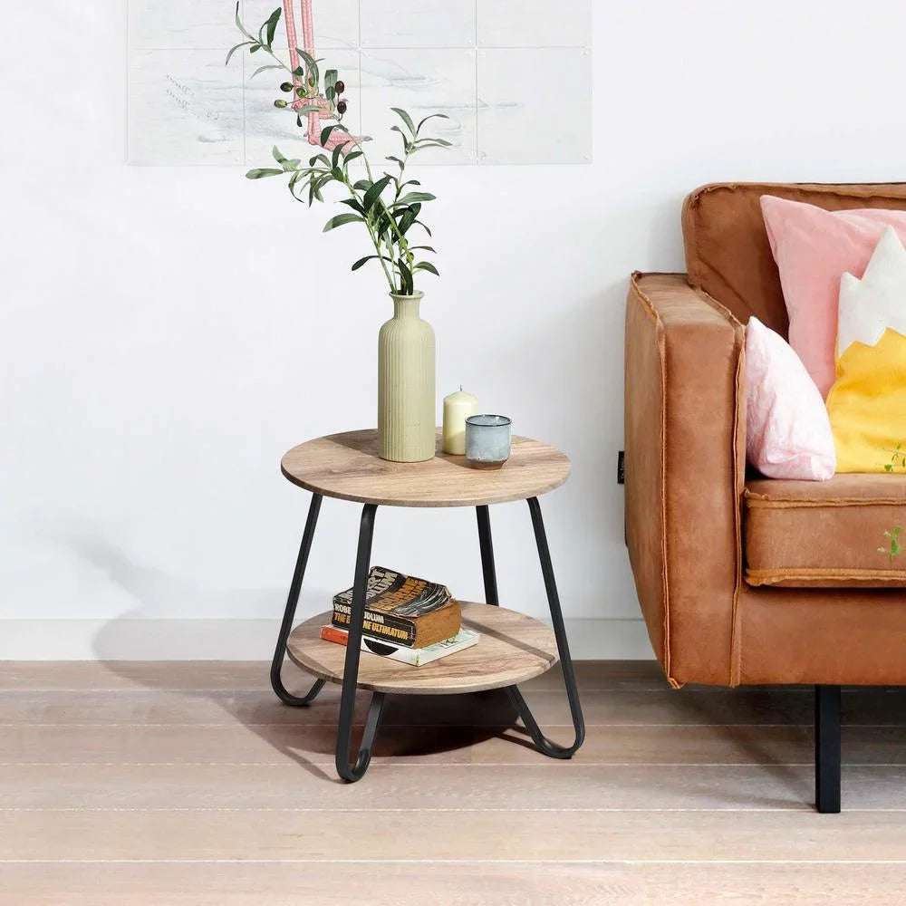 HomeRoots 483708 18 in. Manufactured Plank & Steel Round End Table, Black & Oak