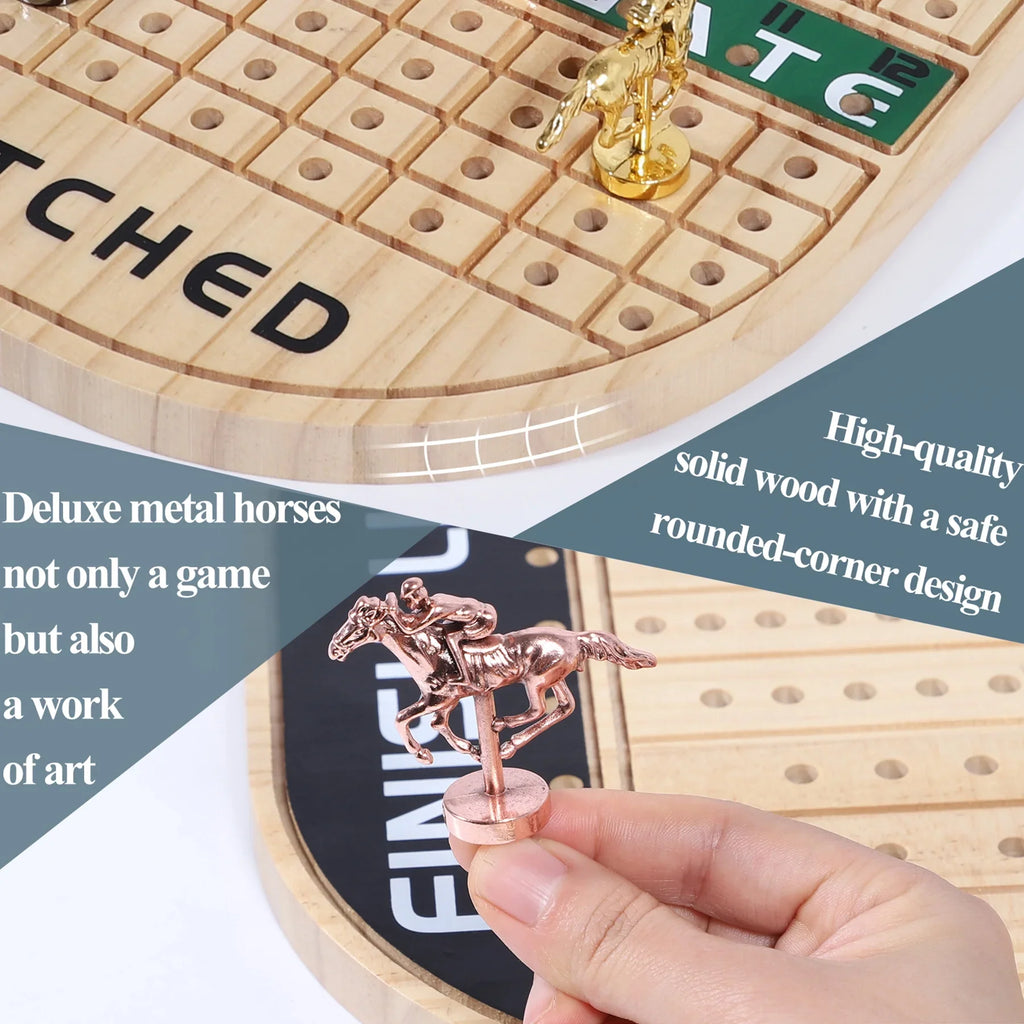 Horse Race Board Game Racing Game Thickened Pine with 11 Luxurious Sturdy Classic Metal Horses with 4 dice and 2 Boxes of Cards Across Finish Line Horse Racing Game