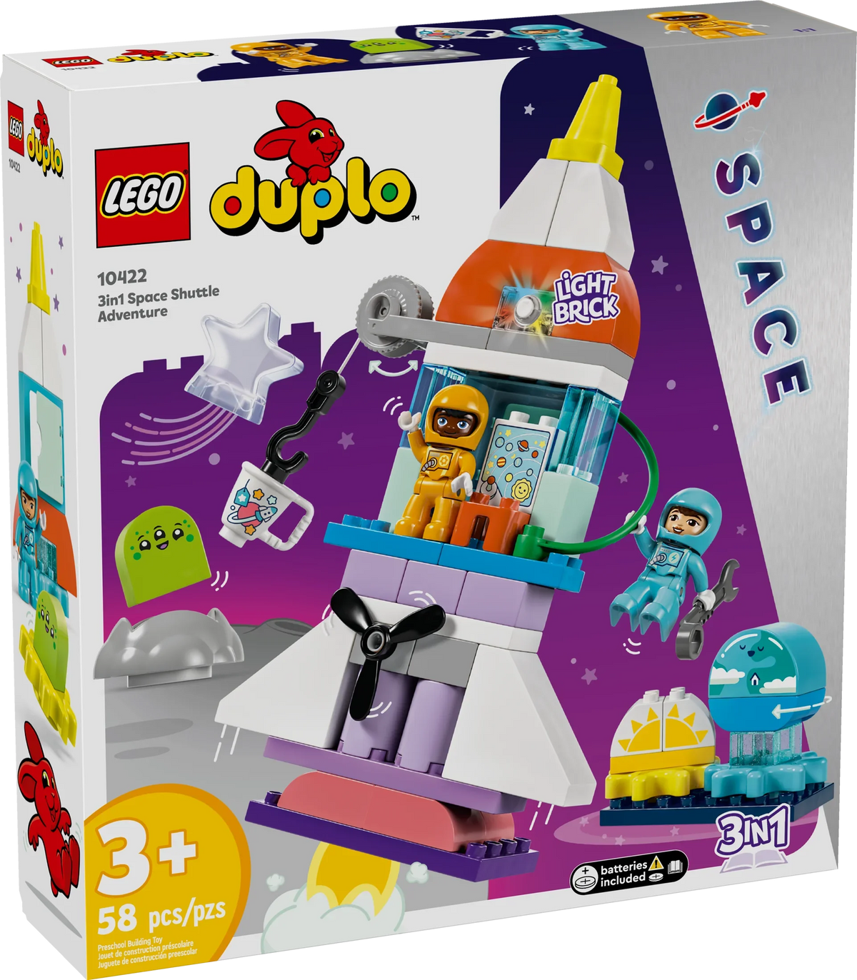 LEGO DUPLO 3 in 1 Space Shuttle Adventure Rocket Ship Building Set, Kids Educational Space Protection Toy for 3-Year-Olds and Up, Develops Preschool Kids’ Learning and Fine Motor Skills, 10422