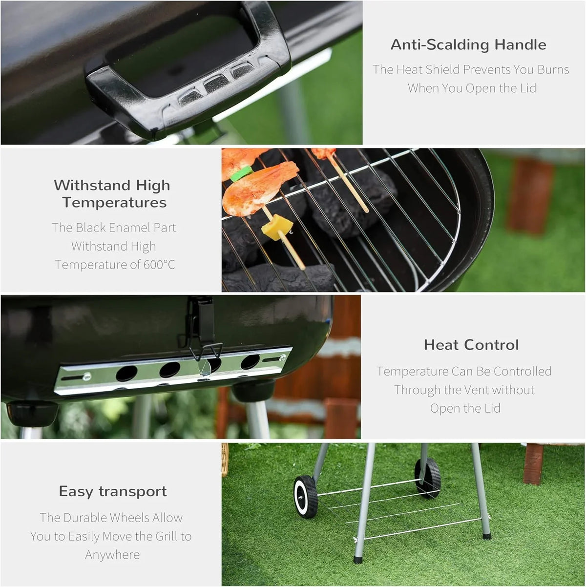 Portable Charcoal Grill with Foldable Side Shelf and Bottom Shelf, BBQ Smoker with Wheels and Adjustable Vents on Lid for Picnic Camping Backyard Cooking, Black