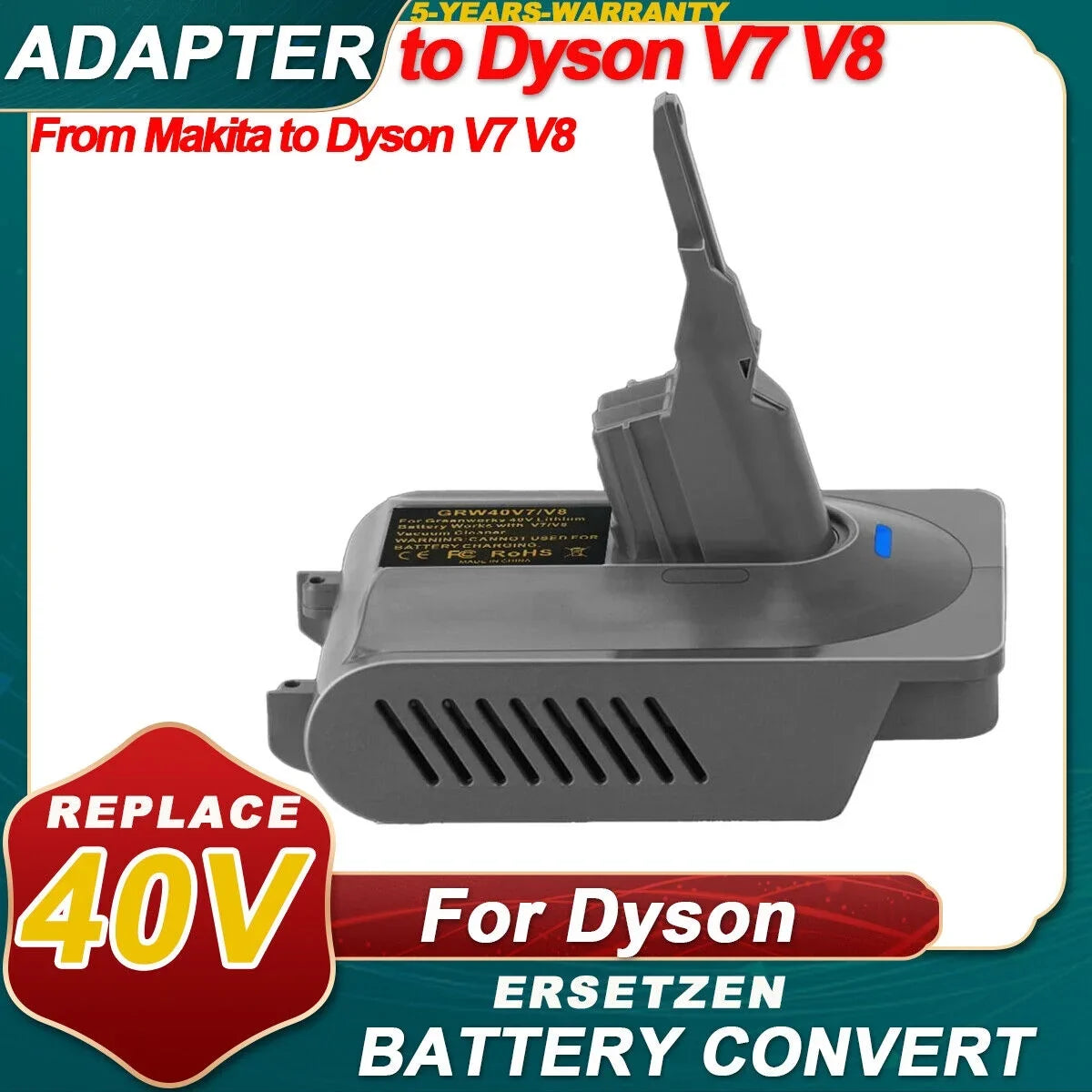 2-In-1 Battery Adapter for Makita 40V Lion Battery Convert to for Dyson V7&V8 Battery, SV11, V7 Motorhead, Car+Boat, Absolute, Animal, Absolute, Fluffy, V8 Motorhead, Carbon Fiber, Slim vacuum