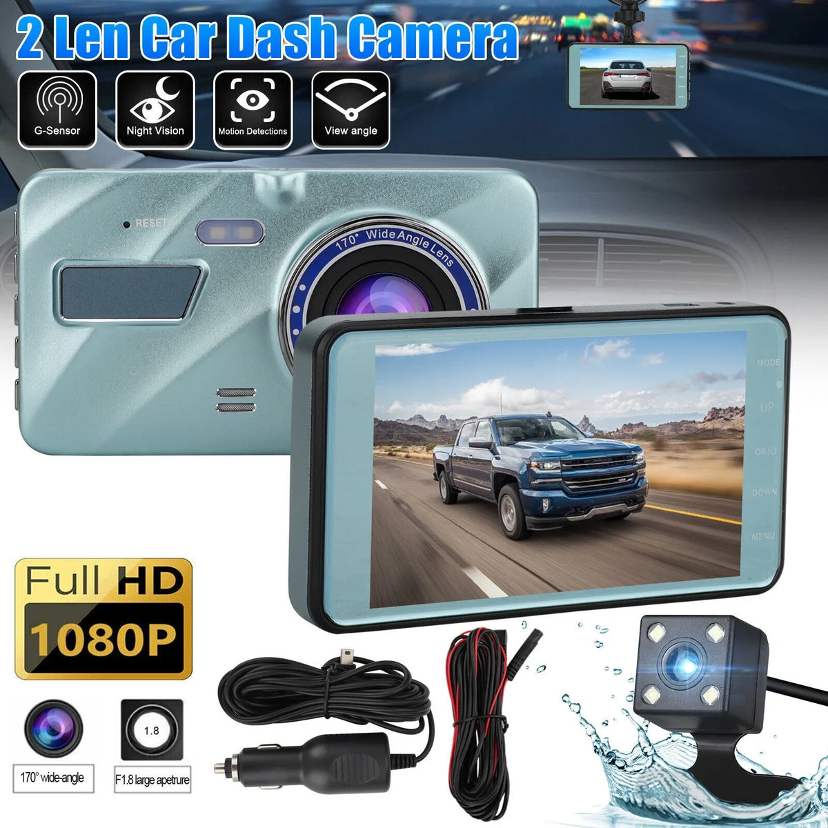 HD 1080P 2 Lens Car DVR Dash Cam Front Rear View Camera Video Recorder G-Sensor
