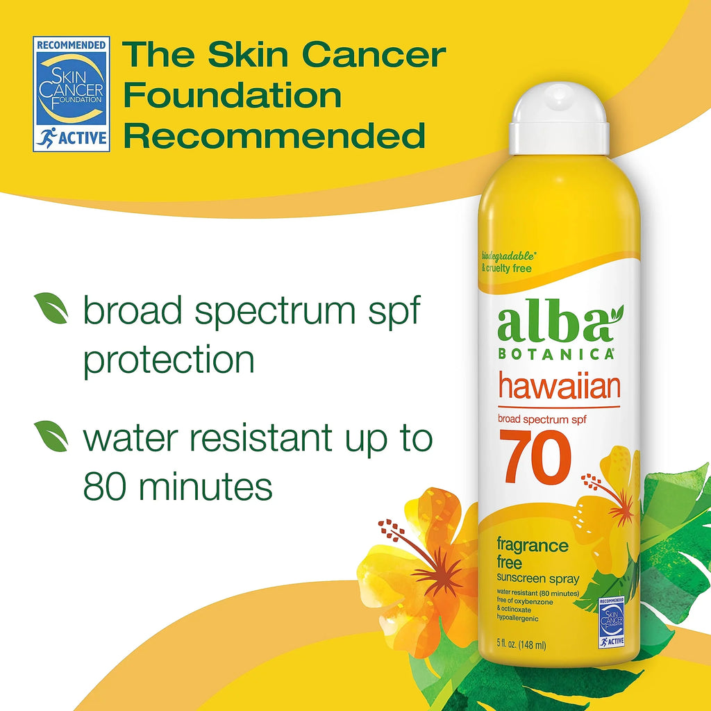 Alba Botanica Sunscreen For Face And Body, Fragrance-Free Hawaiian Sunscreen Spray, Broad Spectrum Spf 70 Sunscreen, Water Resistant And Biodegradable, 5 Fl. Oz. Bottle
