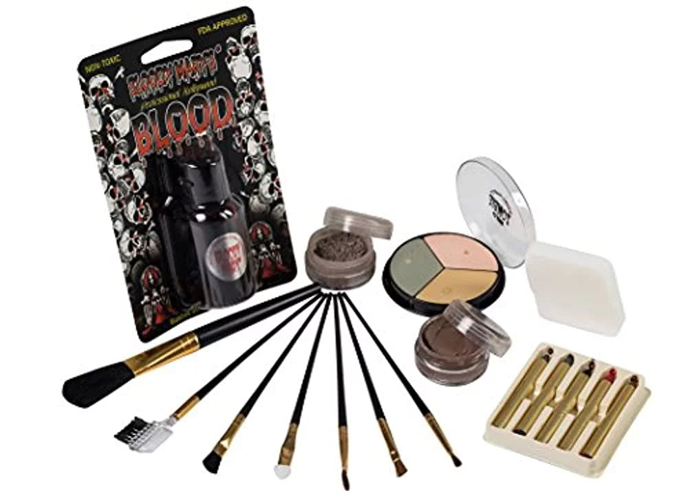 Zombie Makeup Kit By Bloody Mary - Halloween Costume Special Effects Palette - Walking Dead FX Makeup Tools - 5 Crayons, Blood, Setting Powder, 4 Application Brushes, 1 Sponge - Carrying Case Included
