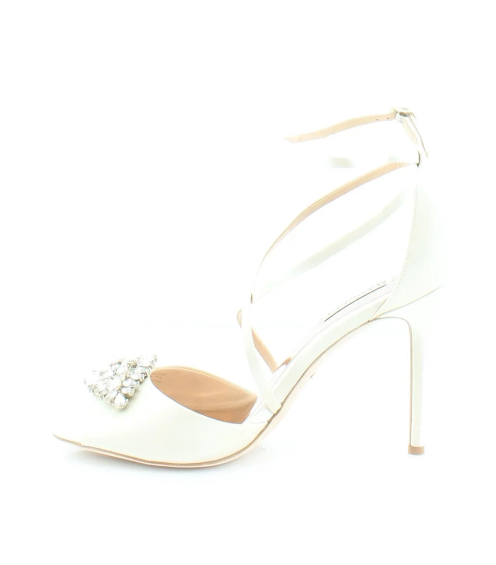 BADGLEY MISCHKA Womens Ivory Satin Beige Cushioned Footbed Dustbag Embellished Ankle Strap Tatum Open Toe Stiletto Buckle Dress Heeled Gladiator Sandal 8