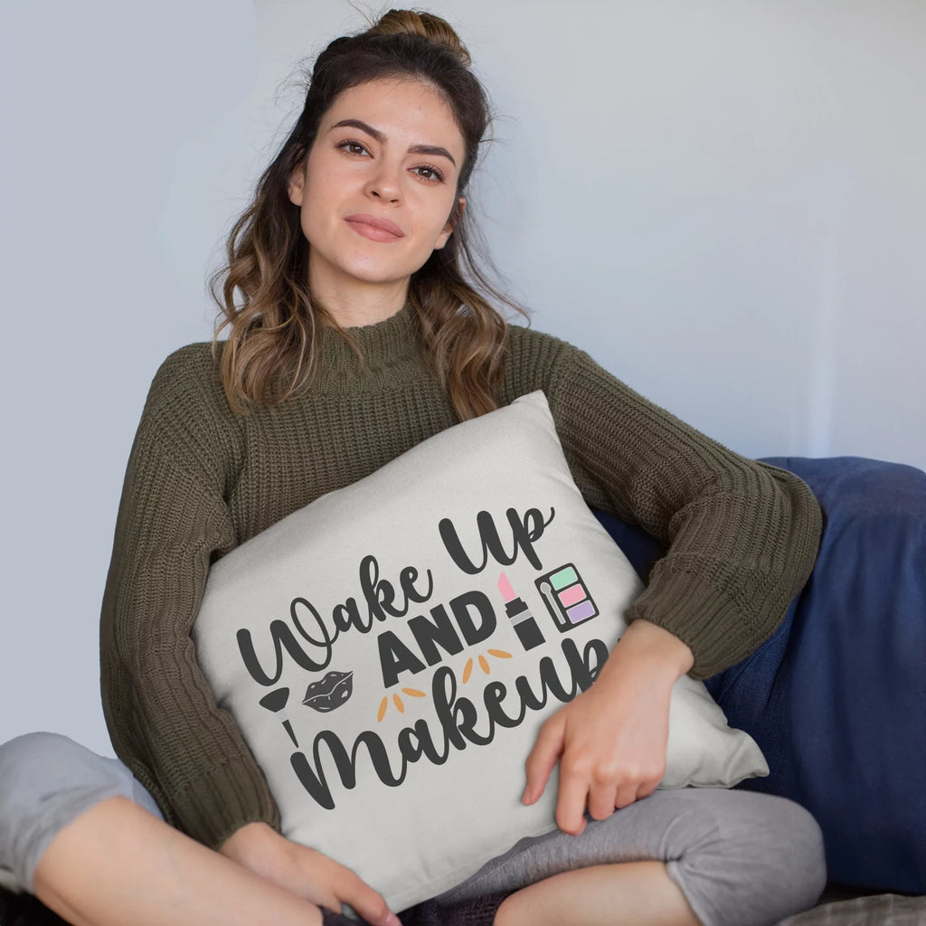 Wake up & Makeup w/ Powder Brush, Lip, Pink Lipstick & Eyeshadow Palette Style - Beauty Themed Merch for Makeup Artist or Cosmetologist, Gift for Makeup Lovers, Pillow Enclosure White 20X20 IN