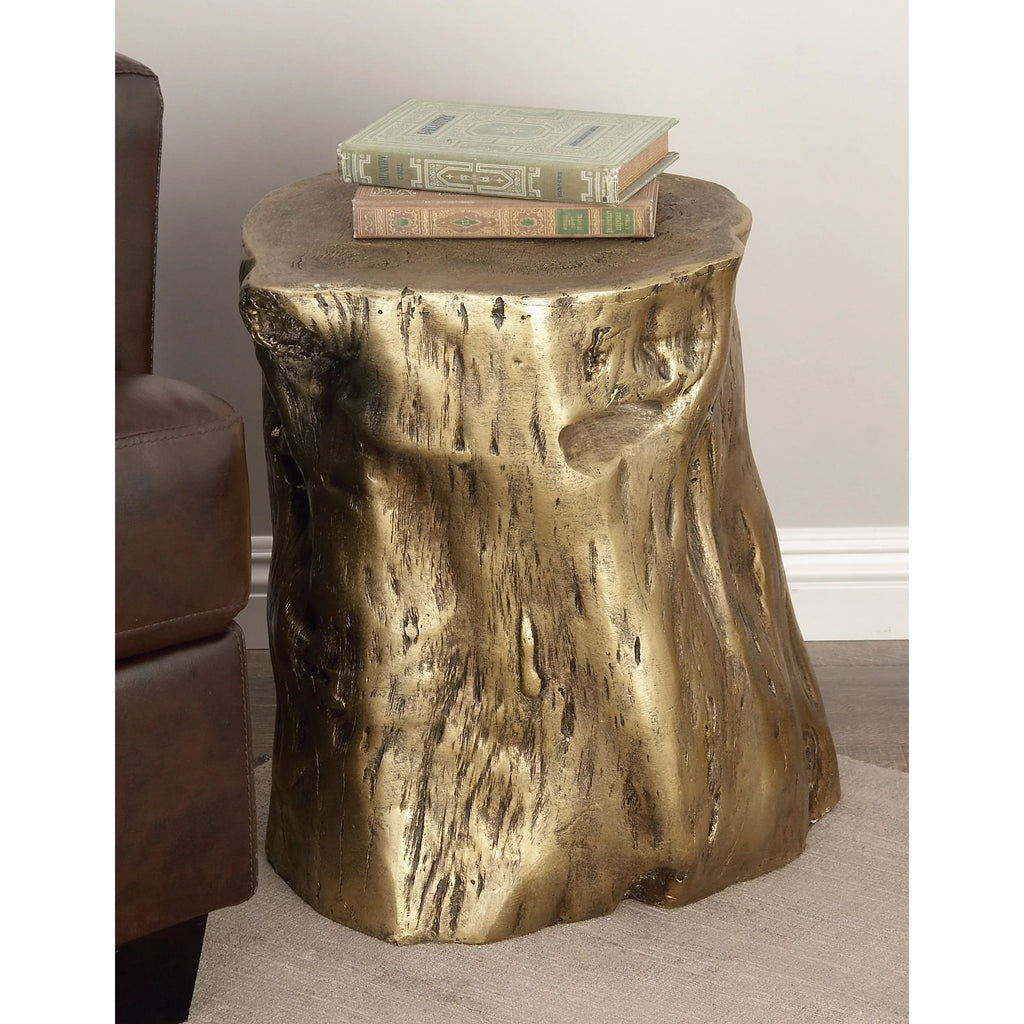 DecMode Eclectic Gold Chopped Tree Log Inspired Accent Table, 18"W x 19"H with Gold Carved Lumber Grain Finish