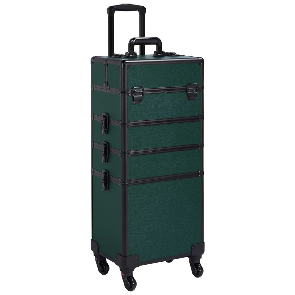 Alden Arrangement Professional 4-in-1 Aluminum Travel Cosmetic Makeup Case, Dark Green