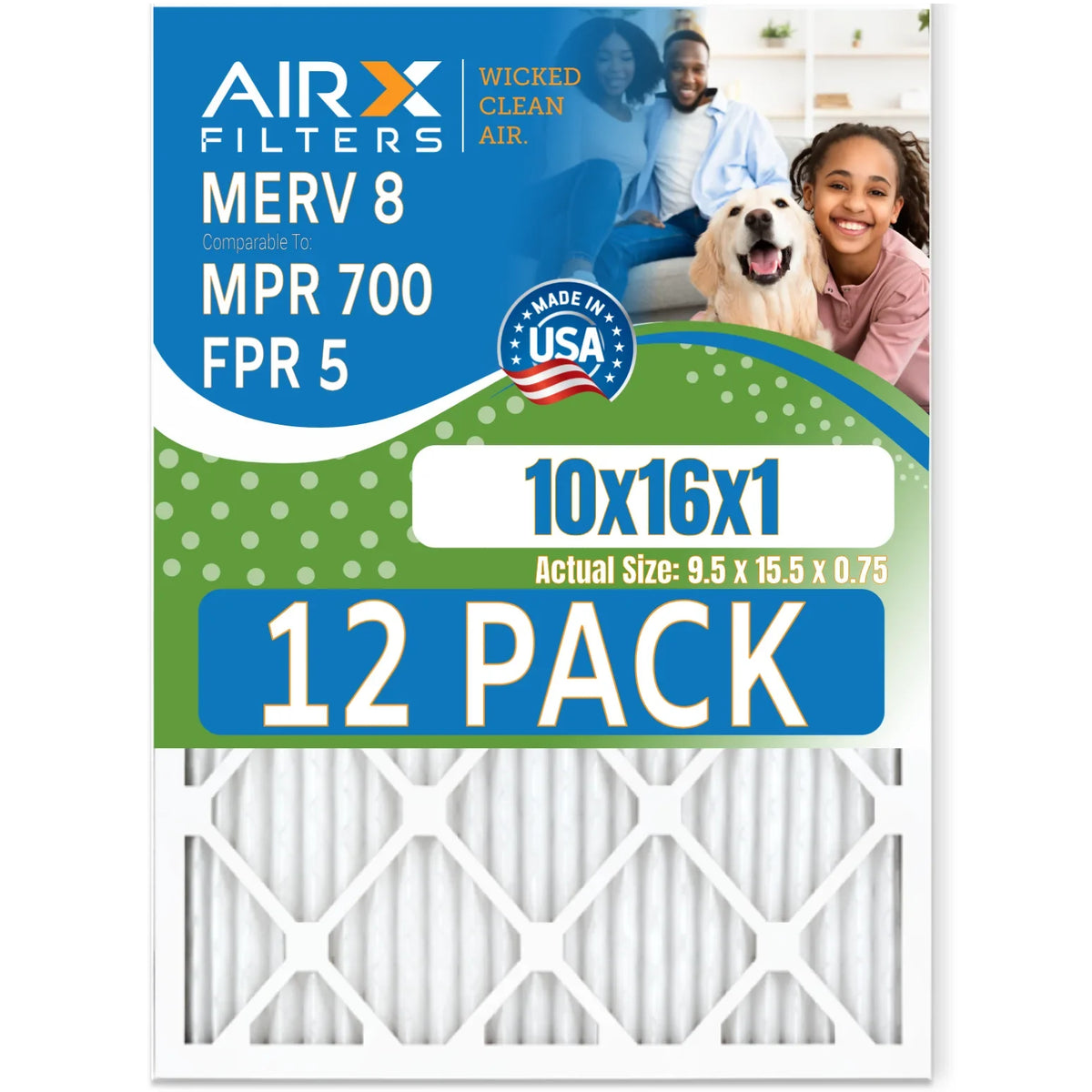 10x16x1 Air Filter MERV 8 Rating, 12 Pack of Furnace Filters Comparable to MPR 700 & FPR 5 - Made in USA by AIRX FILTERS WICKED CLEAN AIR.