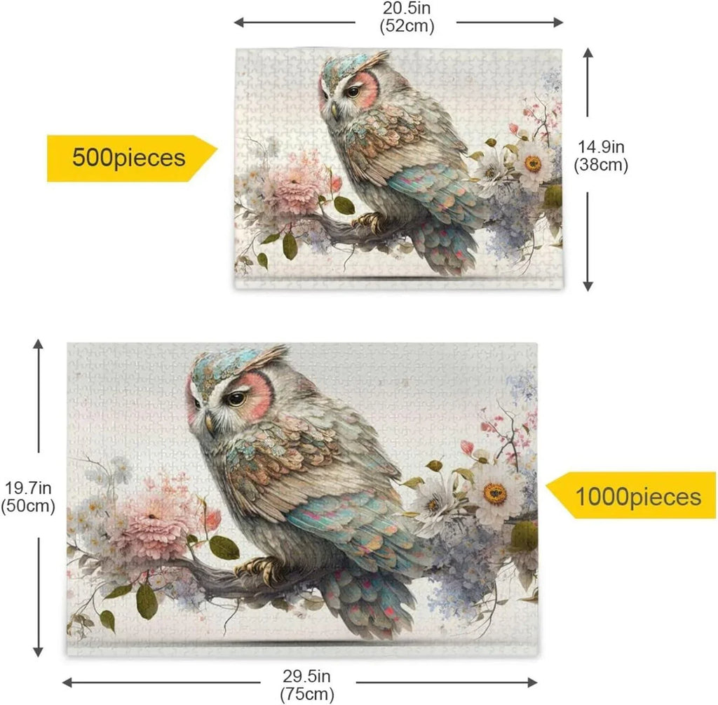 500 PCS Art Floral Owl Jigsaw Puzzle, Paper Timber Composite Material Zigsaw with Storage Bag, Puzzle for Adults, Fun Challenging Brain Exercise Family Game Gift for Kids Friends Parents