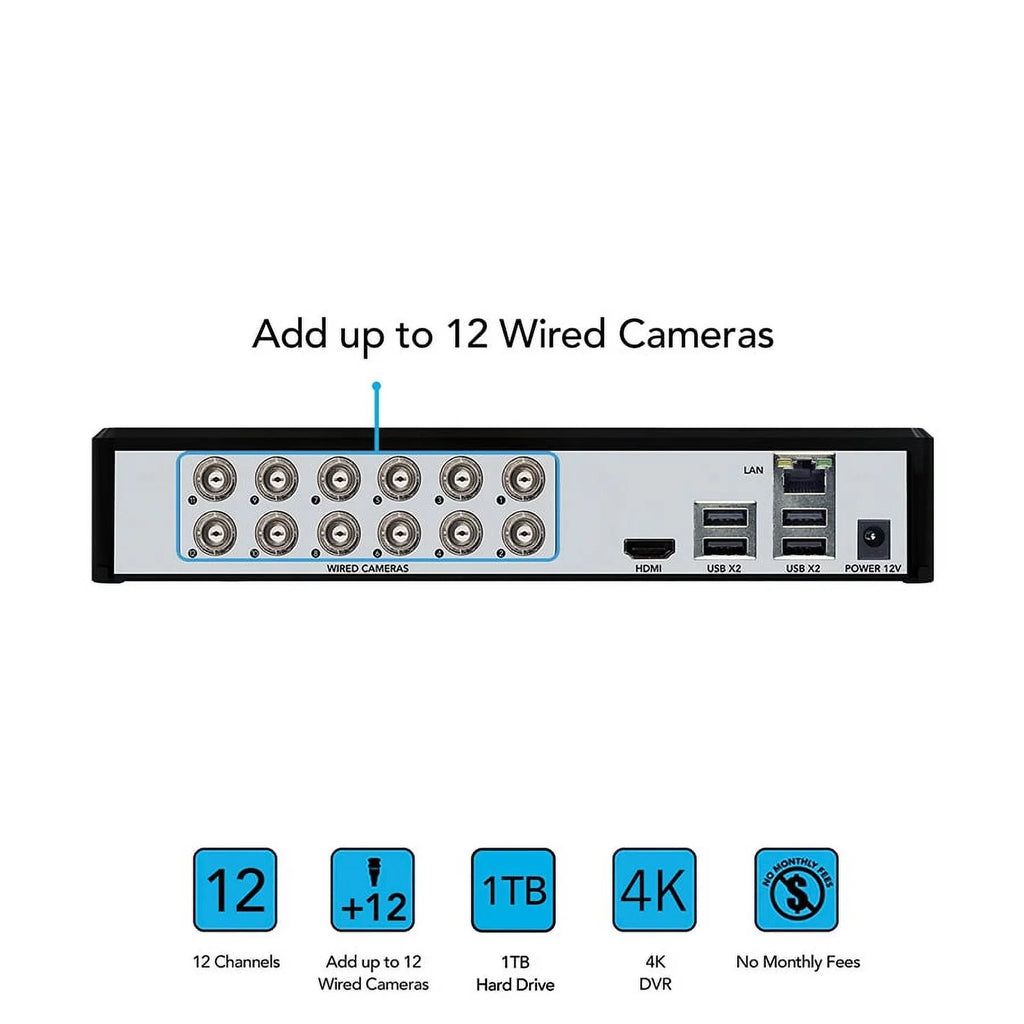 Night Owl Security Camera System CCTV, 12 Channel DVR with 1TB Hard Drive, 4 Wired 4K Ultra HD Spotlight Surveillance Bullet Cameras, Indoor Outdoor Cameras with Night Vision