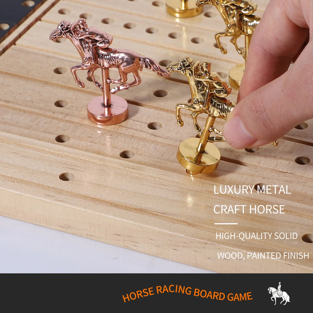Horse Race Board Game Racing Game Thickened Pine with 11 Luxurious Sturdy Classic Metal Horses with 4 dice and 2 Boxes of Cards Across Finish Line Horse Racing Game