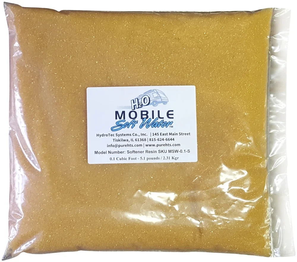 Mobile-soft-water™ Water Softener Resin(Cation) Ion-Exchange 0.1 Cubic Foot - 5.1 pounds -2.31 Kg.; Packaged for RV, portable style water softeners or any other resin replacement applications.