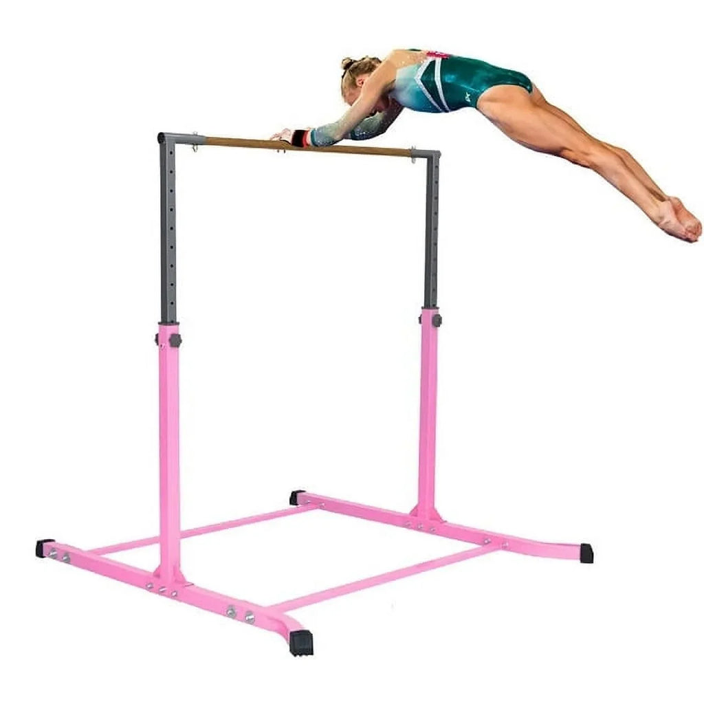 5 Star-TD Pink Gymnastic Kip Bar for Kids, Expandable 3-5 FT, Adjustable Height Horizontal Bar, Heavy Duty Curved Legs, Junior Training Equipment, Home Gymnastics, Strong and Sturdy