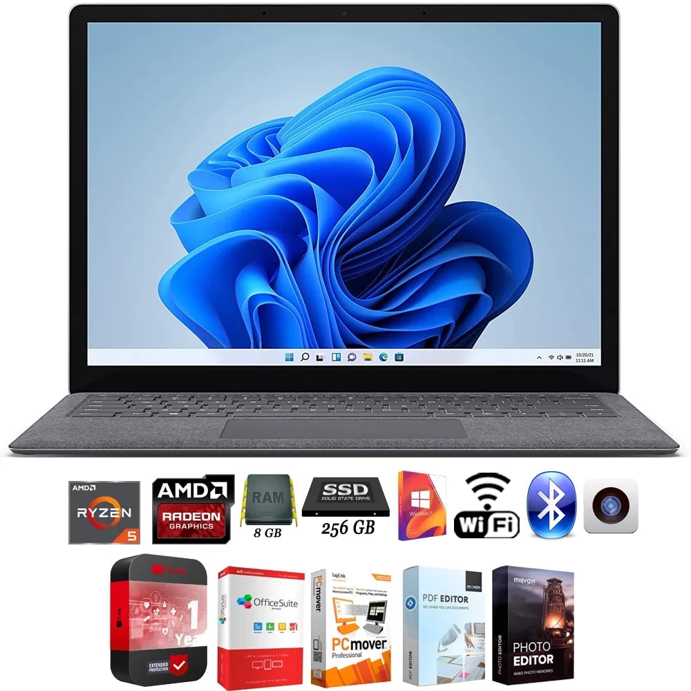 Microsoft 5PB-00027 Surface Laptop 4 13.5" AMD Ryzen 5 8GB/256GB Touch, Platinum Bundle with Elite Suite 18 Software + 1 Year Protection Warranty