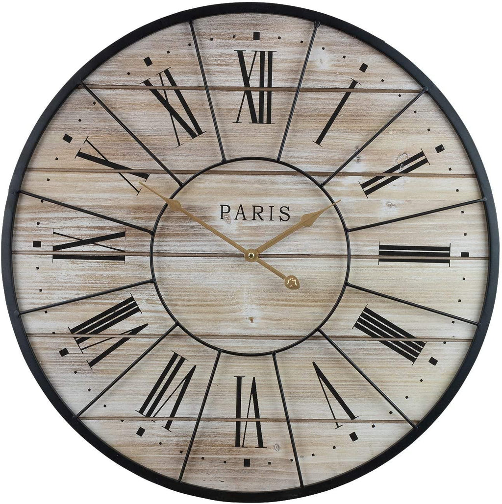 Sorbus Paris Oversized Wall Clock, Centurion Roman Numeral Hands, Parisian French Country Rustic Large Decorative Modern Farmhouse Decor Ideal for Living Room, Analog Plank Metal Clock, 24” Round