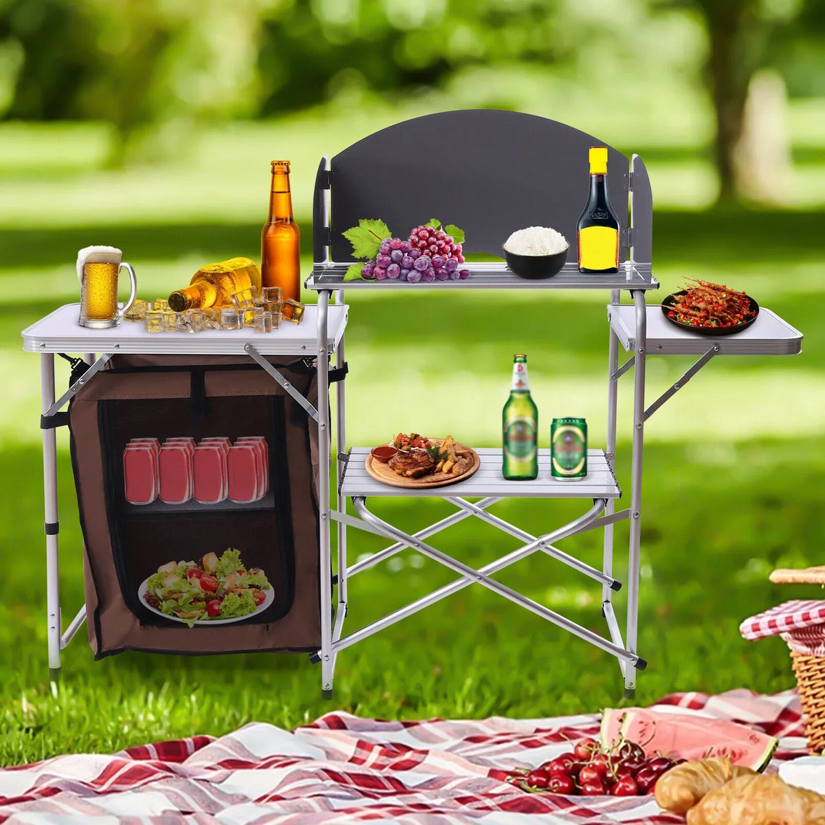 DENEST Folding Camping Kitchen Station Portable Barbecue Table Rack Brown Fabric Shield