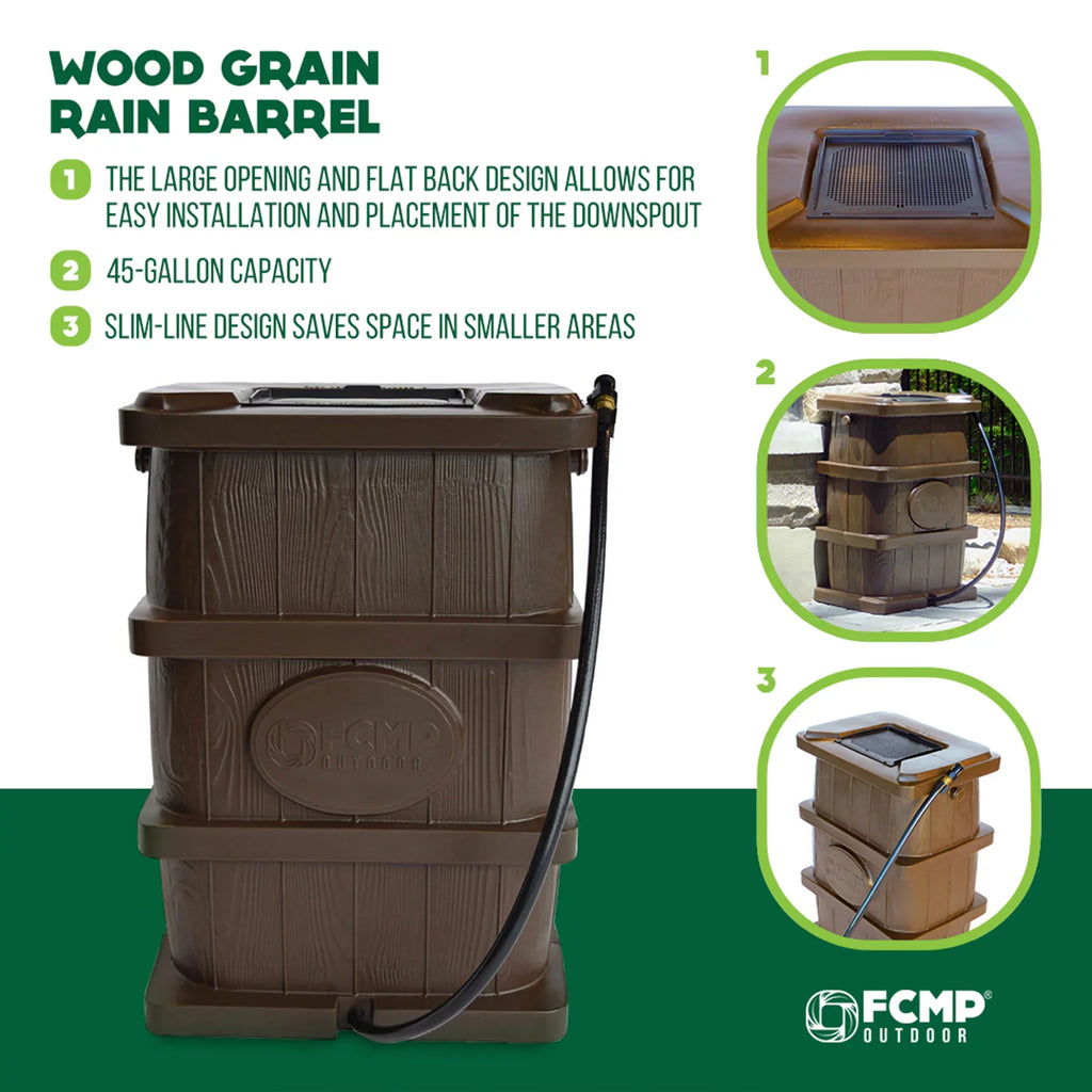FCMP Outdoor WG4000 45 Gallon Timber Grain Rain Water Catcher Barrel, Brown